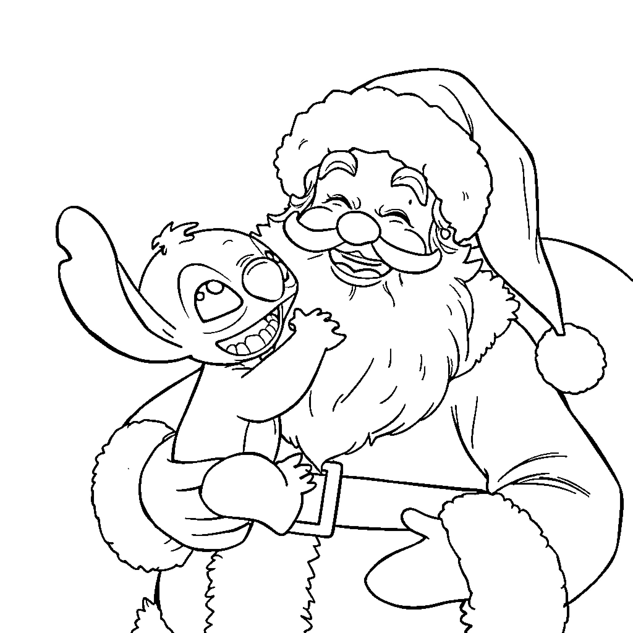 Stitch hugging Santa Claus happily Coloring Page (free black-and-white line drawing printable PDF for all, from beginners to advanced learners, including children, teens, adults, and seniors)