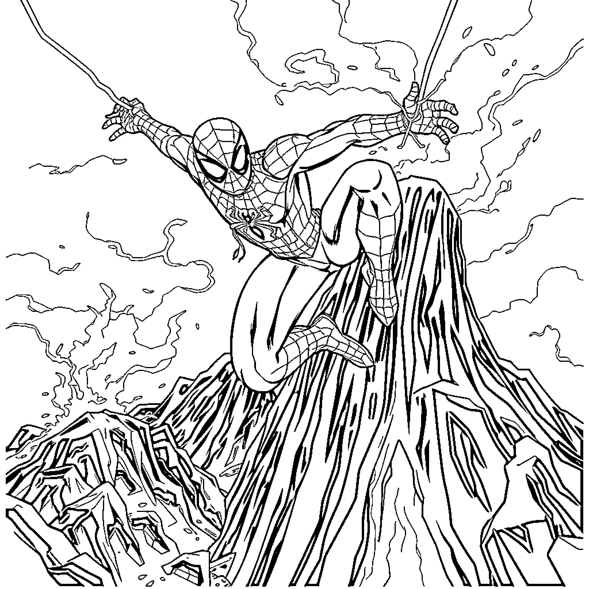 Spider-Man swinging heroically through a dramatic scene Coloring Page (free black-and-white line drawing printable PDF for all, from beginners to advanced learners, including children, teens, adults, and seniors)