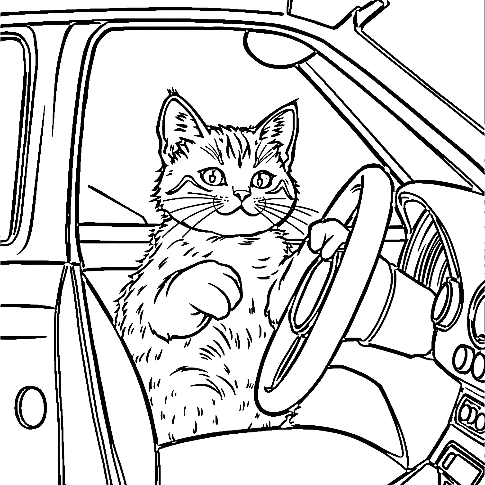 Cat driving a car Coloring Page (free black-and-white line drawing printable PDF for all, from beginners to advanced learners, including children, teens, adults, and seniors)