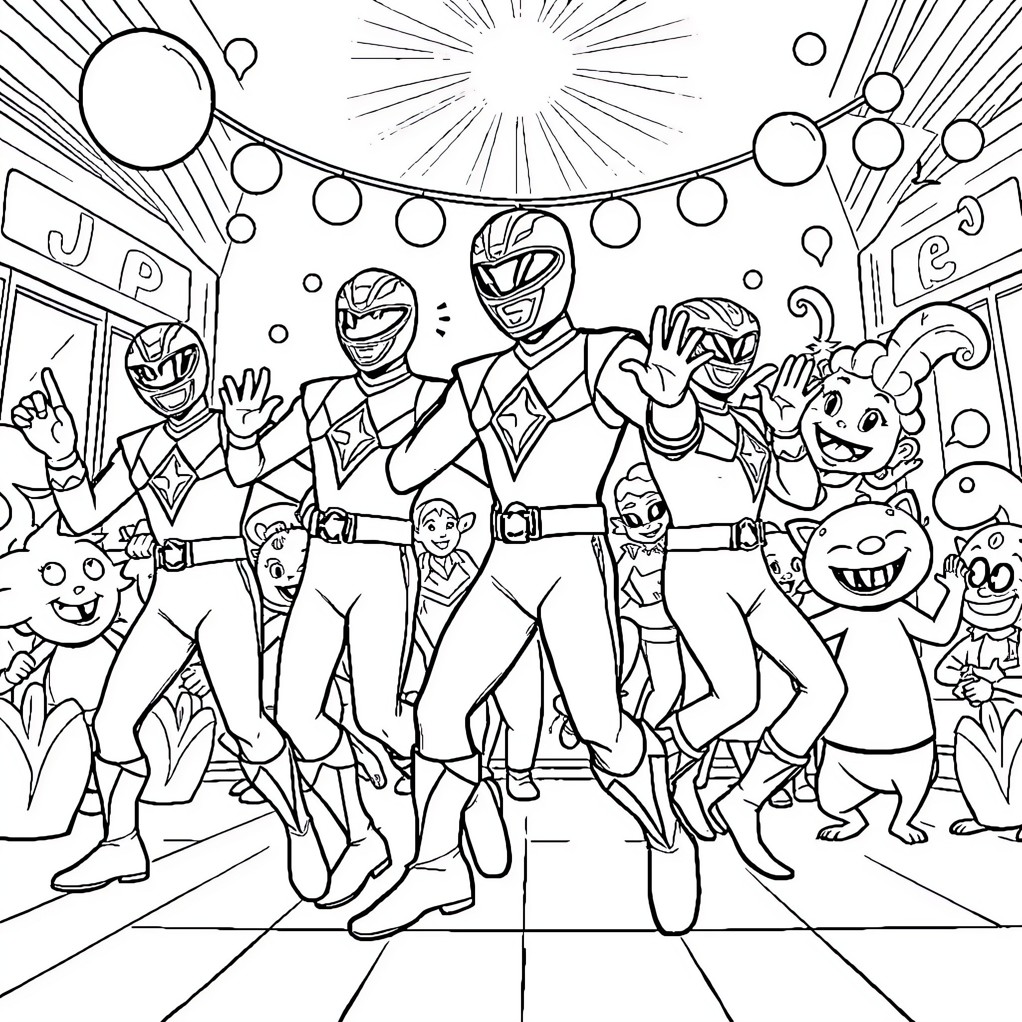 Power Rangers in action-packed scene with cheerful creatures Coloring Page (free black-and-white line drawing printable PDF for all, from beginners to advanced learners, including children, teens, adults, and seniors)