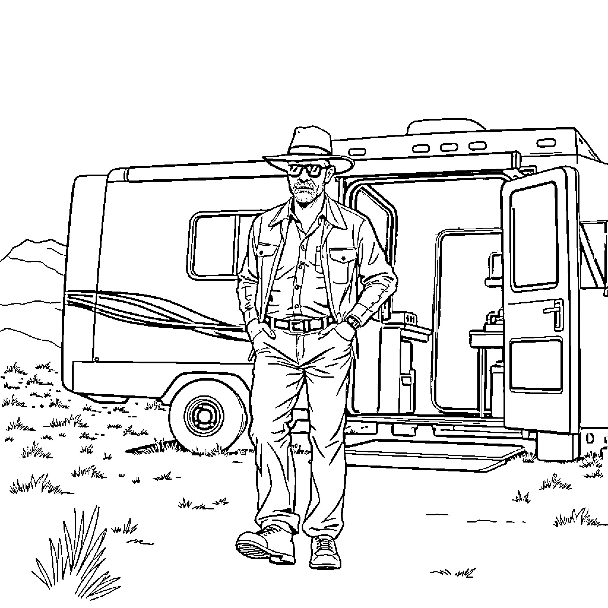 Heisenberg in the wilderness by his RV Coloring Page (free black-and-white line drawing printable PDF for all, from beginners to advanced learners, including children, teens, adults, and seniors)