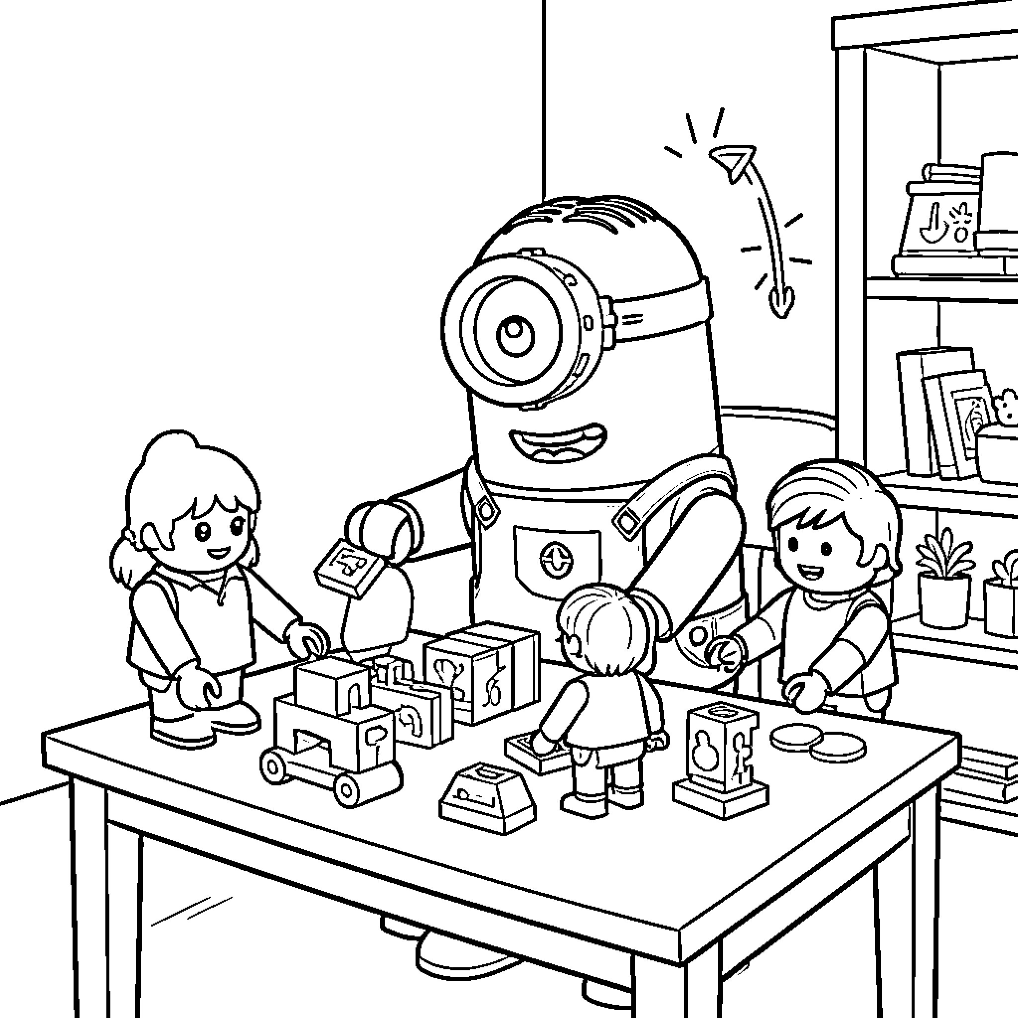 Minion playing with children using building blocks Coloring Page (free black-and-white line drawing printable PDF for all, from beginners to advanced learners, including children, teens, adults, and seniors)