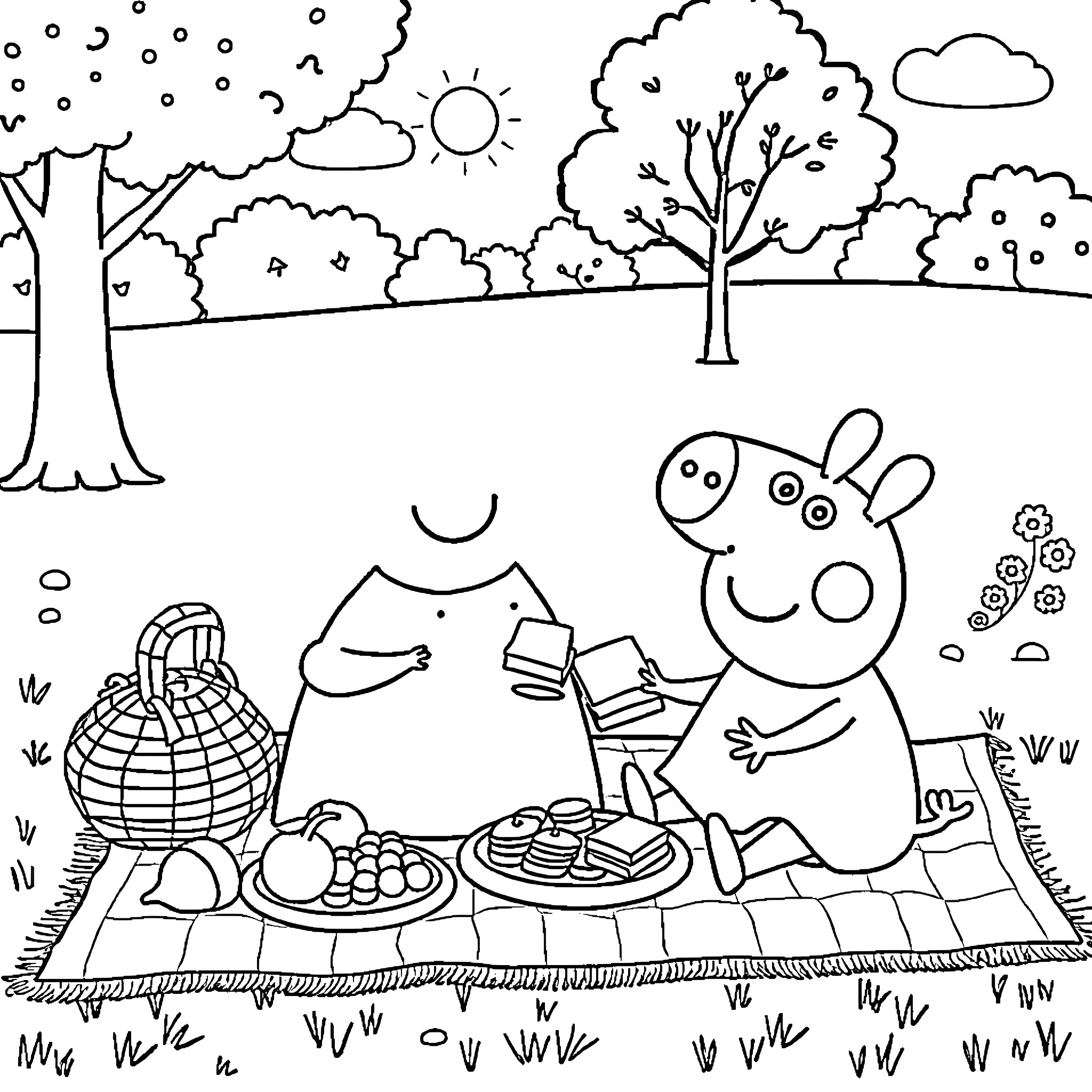 Gabby's Picnic Adventure in the Park Coloring Page (free black-and-white line drawing printable PDF for all, from beginners to advanced learners, including children, teens, adults, and seniors)