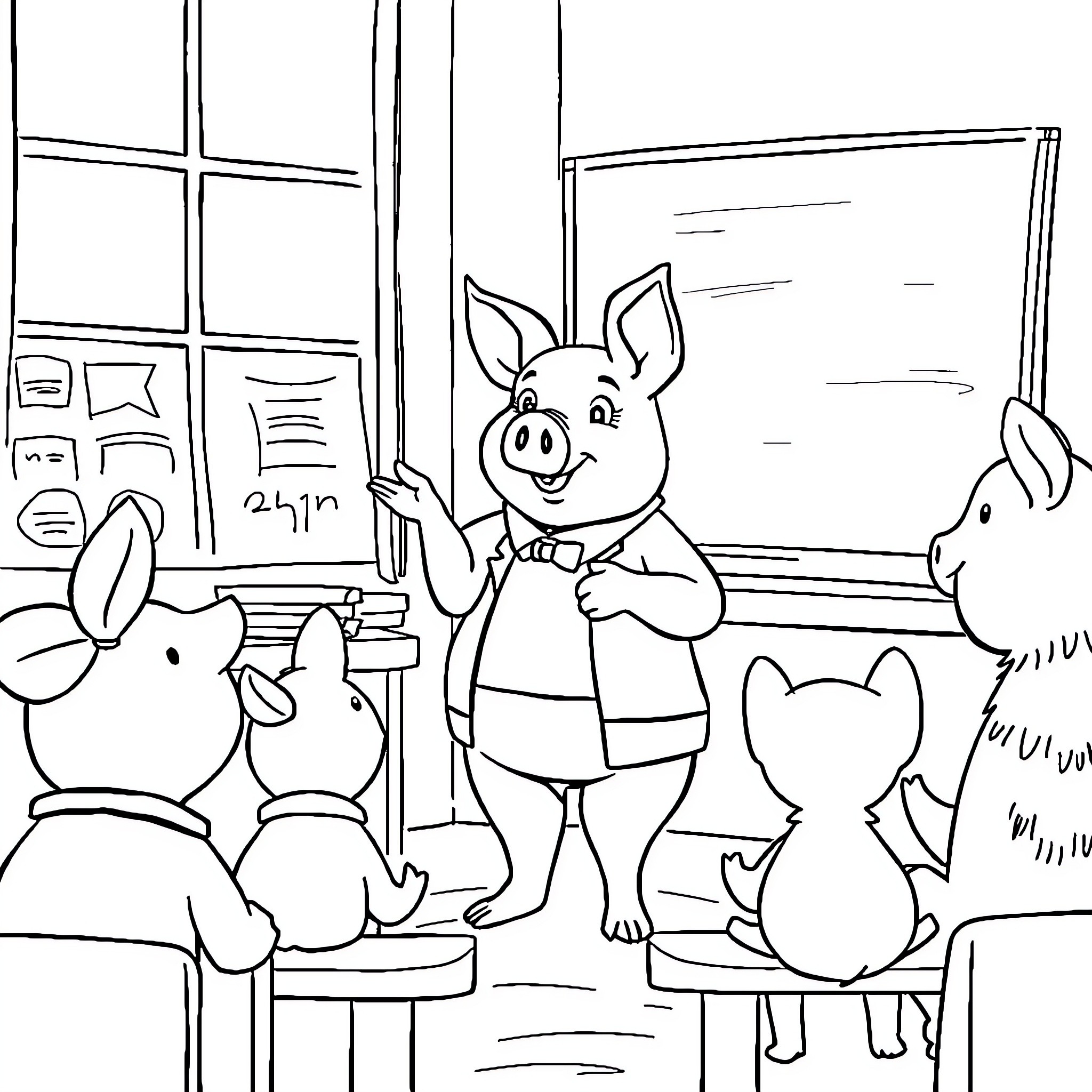 Pig teaching in the classroom with animal students Coloring Page (free black-and-white line drawing printable PDF for all, from beginners to advanced learners, including children, teens, adults, and seniors)