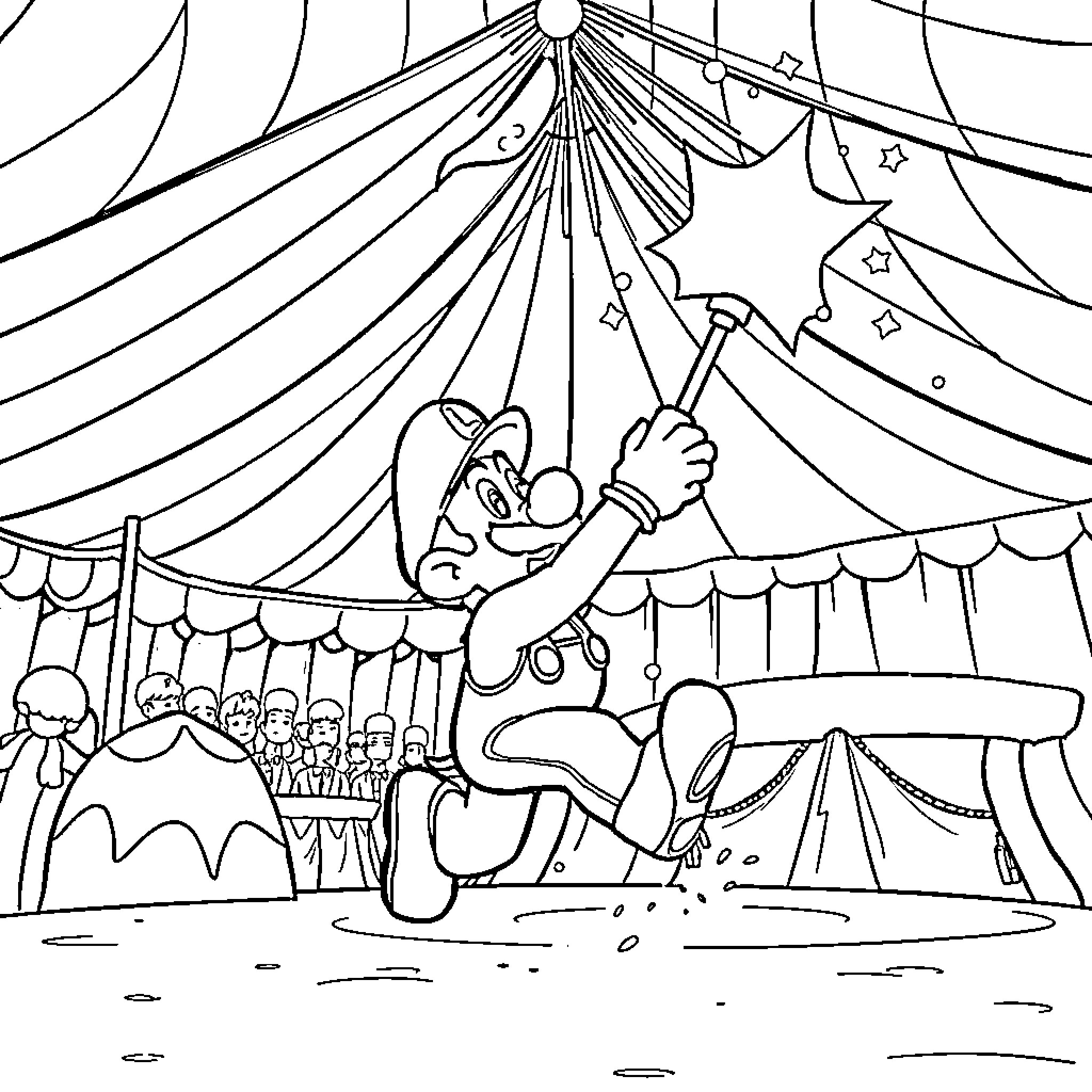 Luigi the Circus Performer Entertaining the Crowd Coloring Page (free black-and-white line drawing printable PDF for all, from beginners to advanced learners, including children, teens, adults, and seniors)