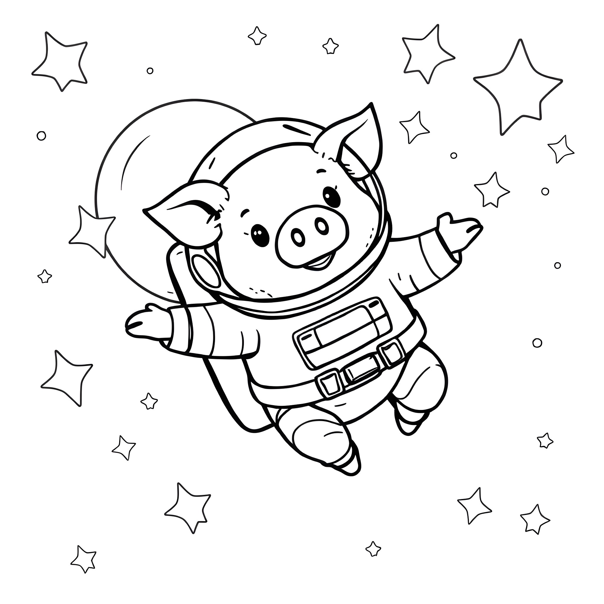 Pig astronaut floating among the stars Coloring Page (free black-and-white line drawing printable PDF for all, from beginners to advanced learners, including children, teens, adults, and seniors)