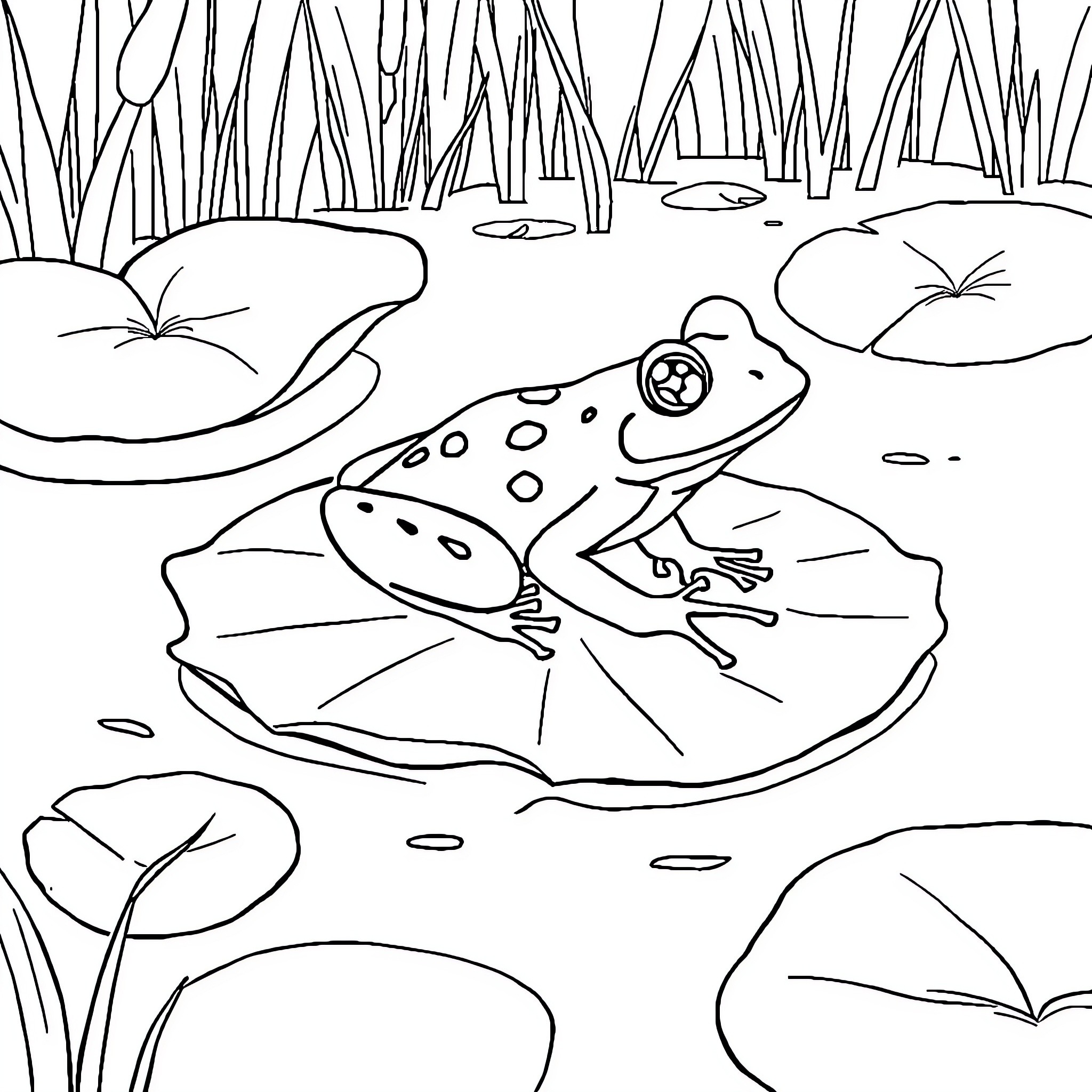 Frog resting on lily pad in pond Coloring Page (free black-and-white line drawing printable PDF for all, from beginners to advanced learners, including children, teens, adults, and seniors)