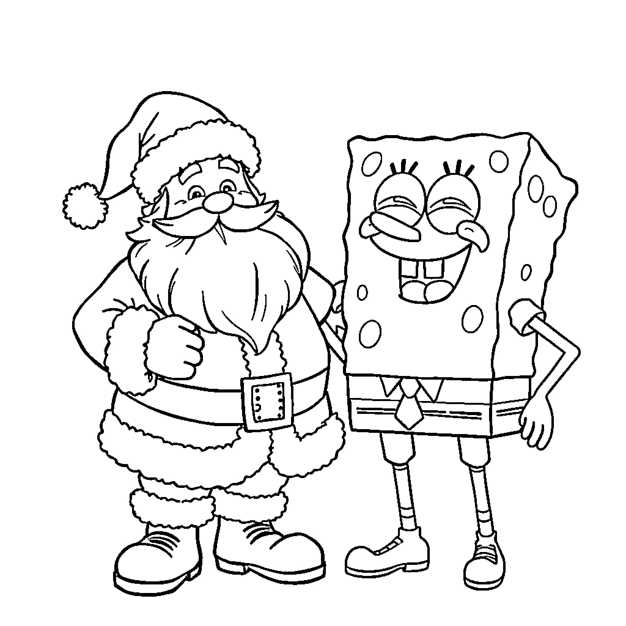 Santa Claus and SpongeBob SquarePants in playful scene Coloring Page (free black-and-white line drawing printable PDF for all, from beginners to advanced learners, including children, teens, adults, and seniors)