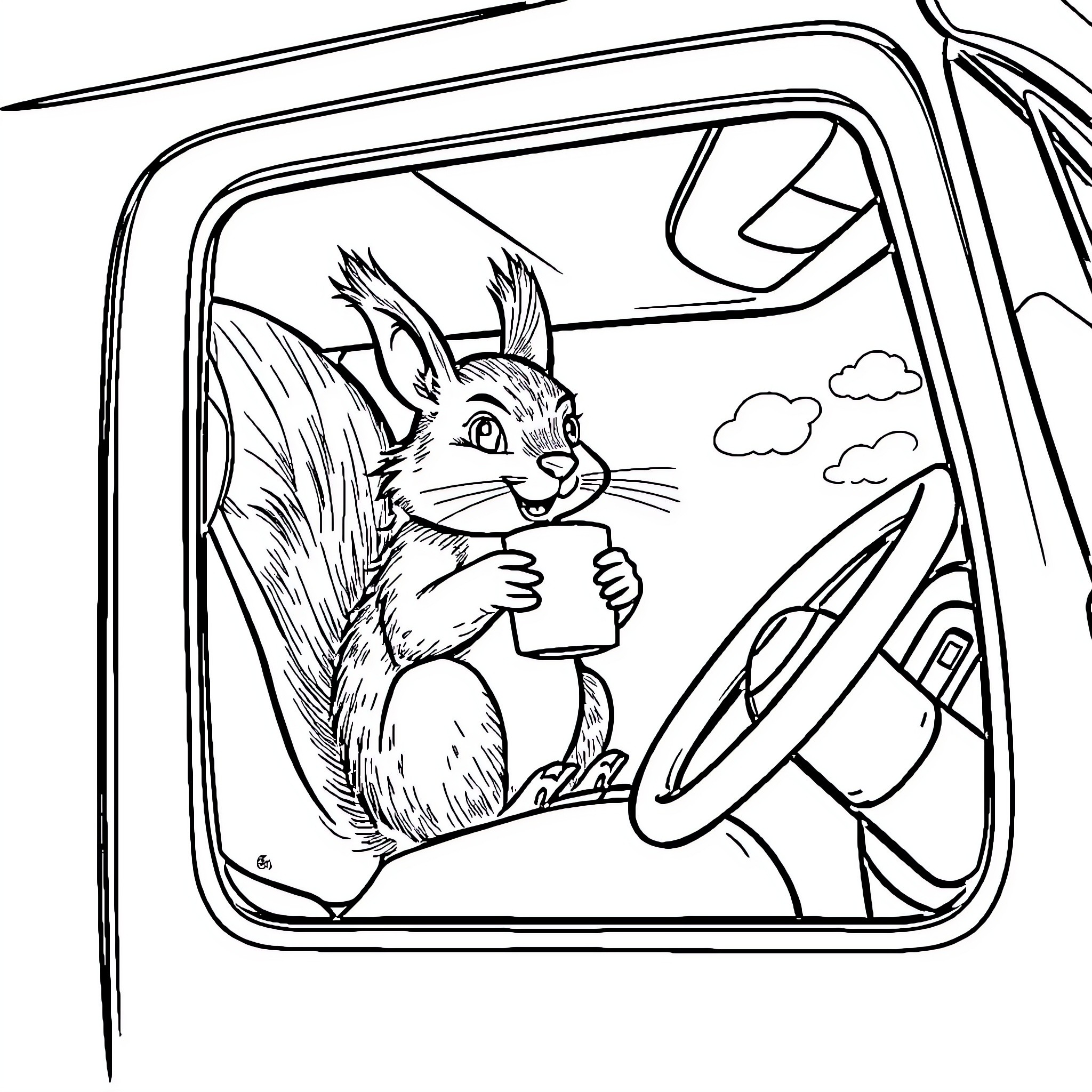 Squirrel driving through the sky in a car Coloring Page (free black-and-white line drawing printable PDF for all, from beginners to advanced learners, including children, teens, adults, and seniors)