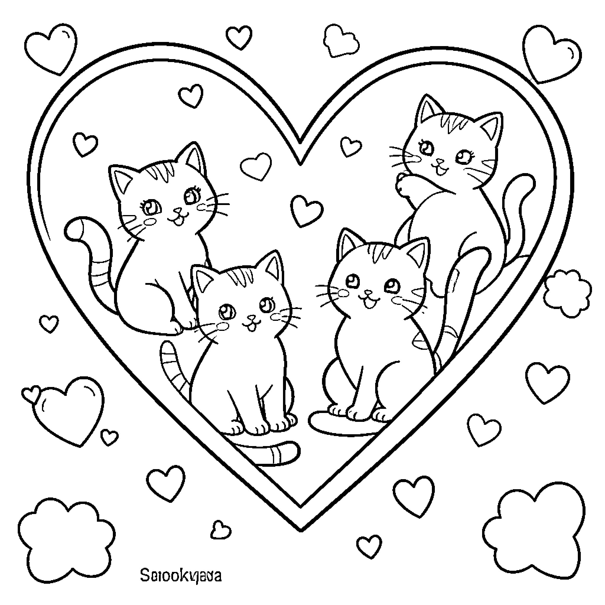 Heart of Adorable Kittens Coloring Page (free black-and-white line drawing printable PDF for all, from beginners to advanced learners, including children, teens, adults, and seniors)