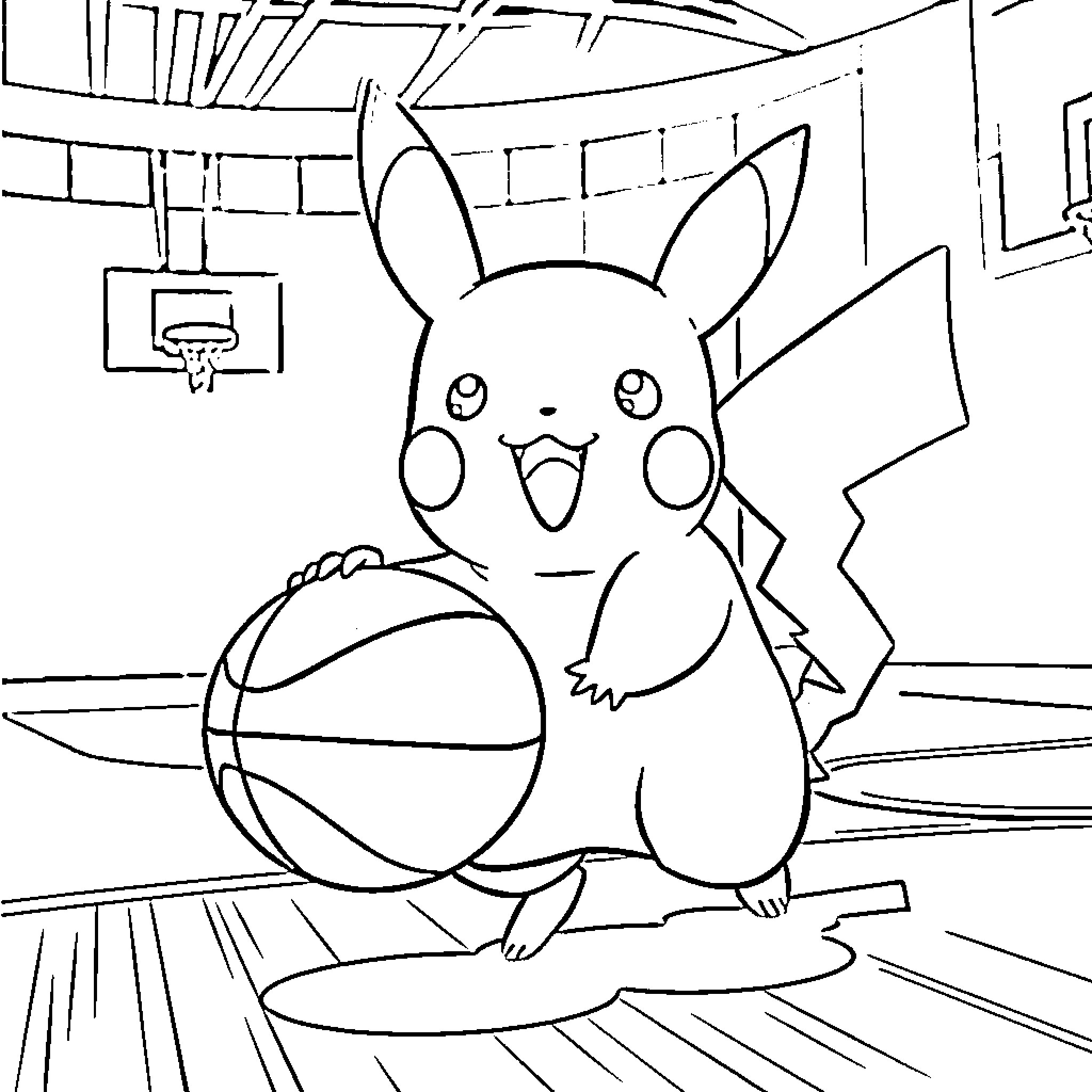 Pikachu dribbling a basketball in a gymnasium Coloring Page (free black-and-white line drawing printable PDF for all, from beginners to advanced learners, including children, teens, adults, and seniors)