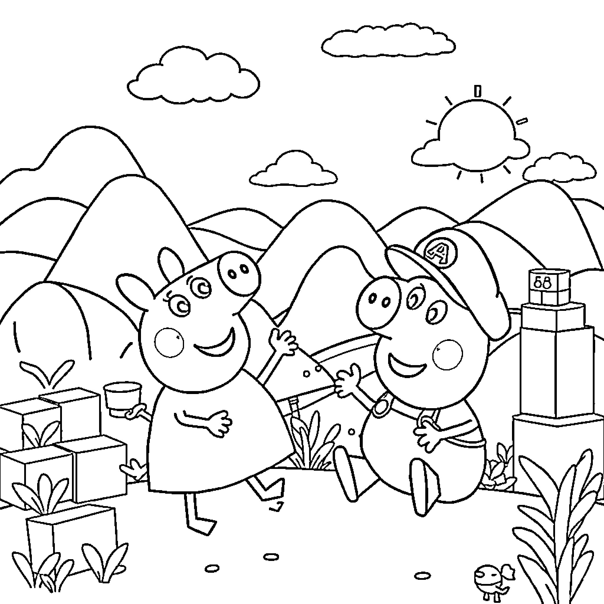 Peppa Pig explores the countryside with friends Coloring Page (free black-and-white line drawing printable PDF for all, from beginners to advanced learners, including children, teens, adults, and seniors)