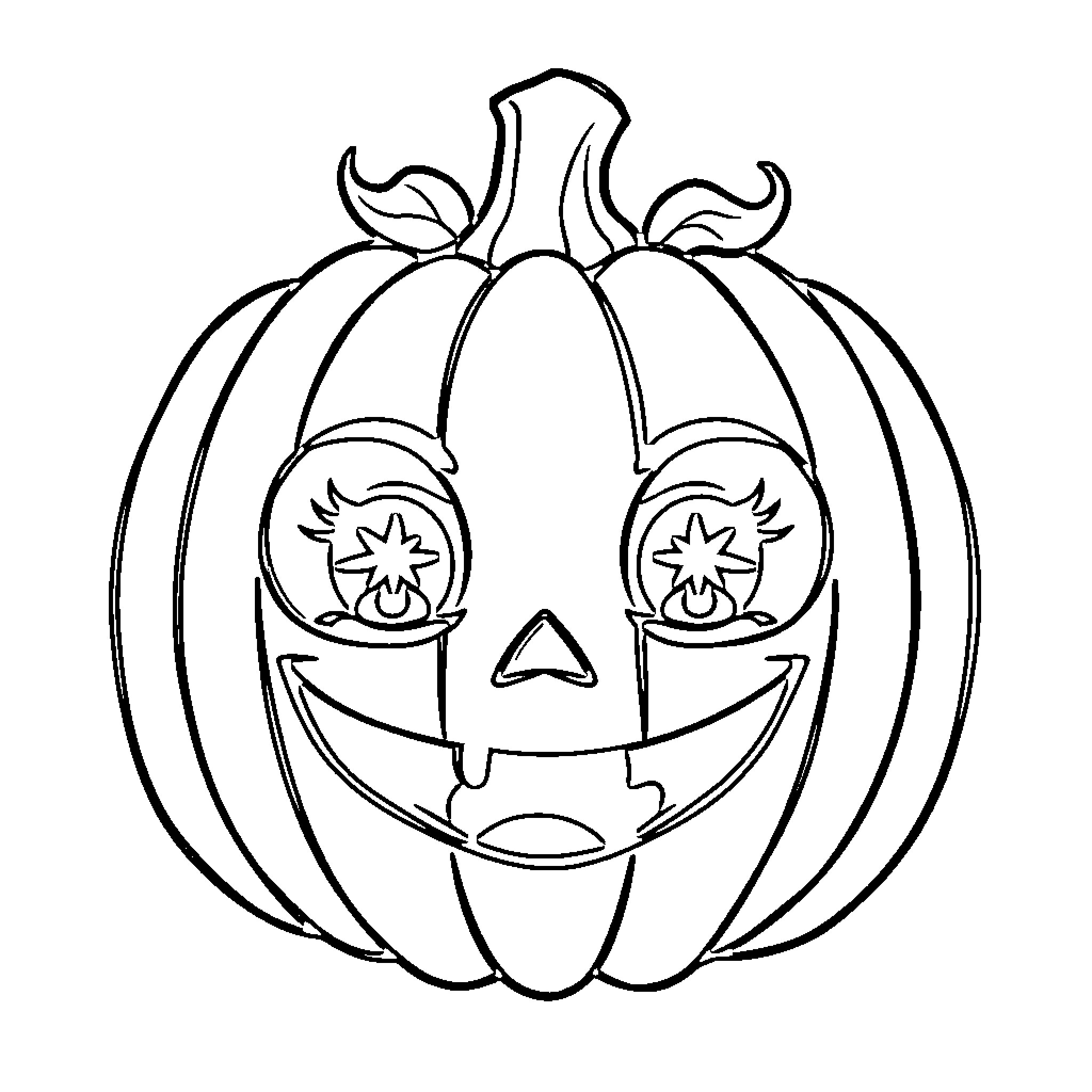 Jack-o'-lantern with a happy expression Coloring Page (free black-and-white line drawing printable PDF for all, from beginners to advanced learners, including children, teens, adults, and seniors)