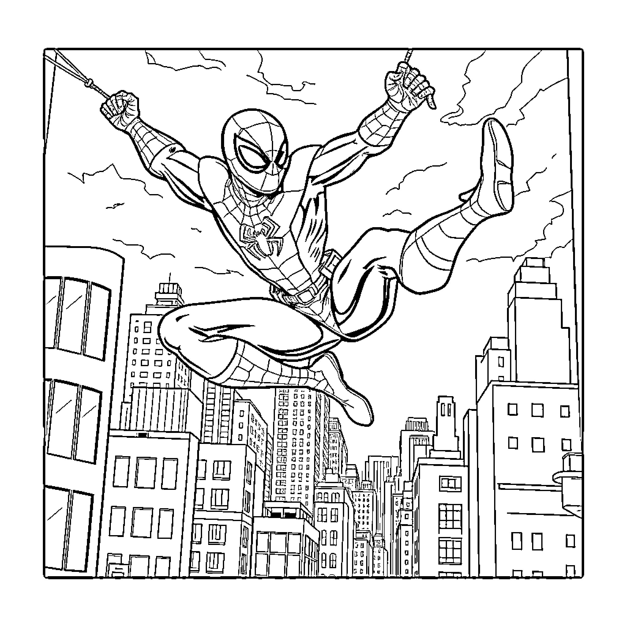 Spider-Man swinging through the city skyline Coloring Page (free black-and-white line drawing printable PDF for all, from beginners to advanced learners, including children, teens, adults, and seniors)