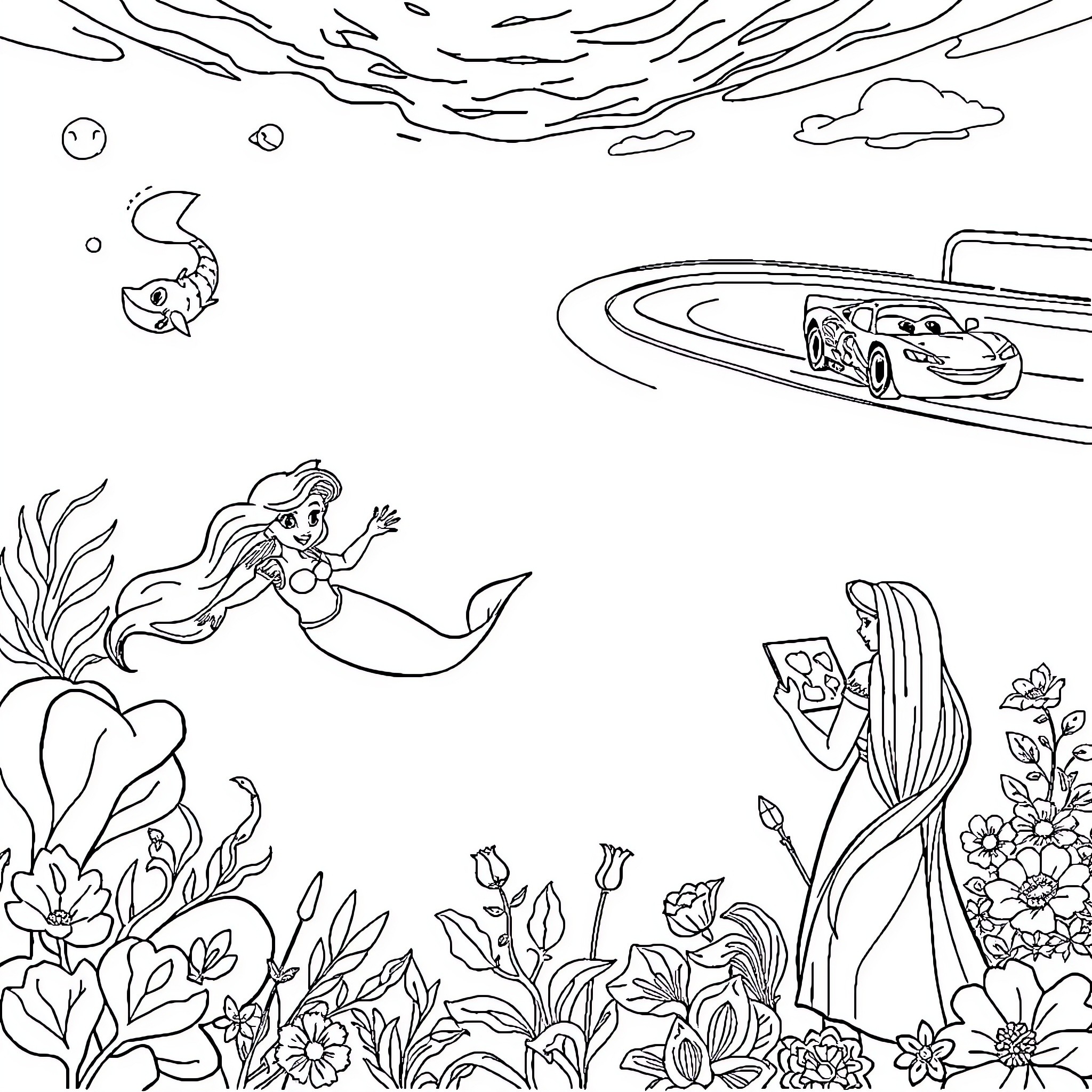 Ariel's Underwater Adventure with Friends Coloring Page (free black-and-white line drawing printable PDF for all, from beginners to advanced learners, including children, teens, adults, and seniors)