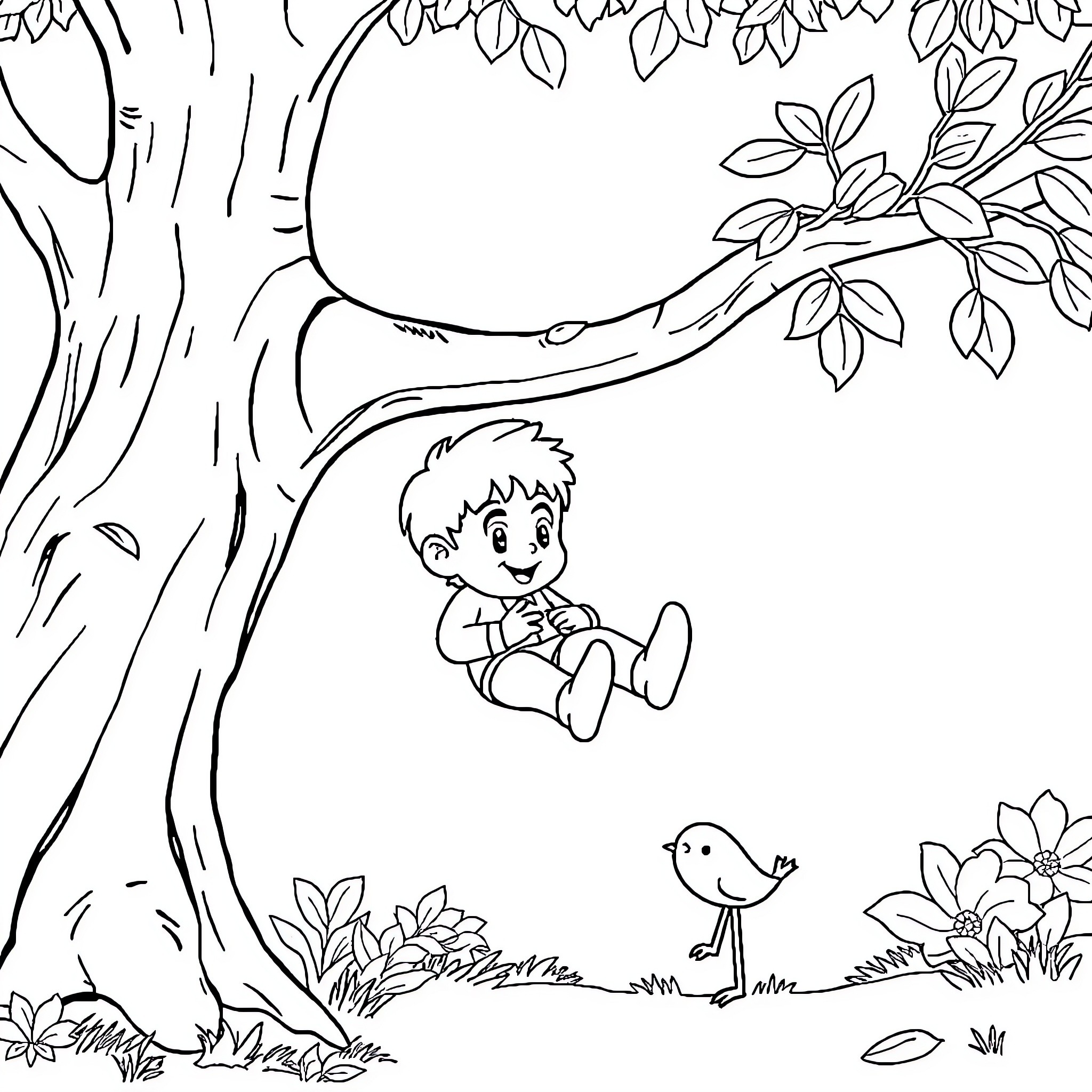 Child sitting on tree branch with bird Coloring Page (free black-and-white line drawing printable PDF for all, from beginners to advanced learners, including children, teens, adults, and seniors)
