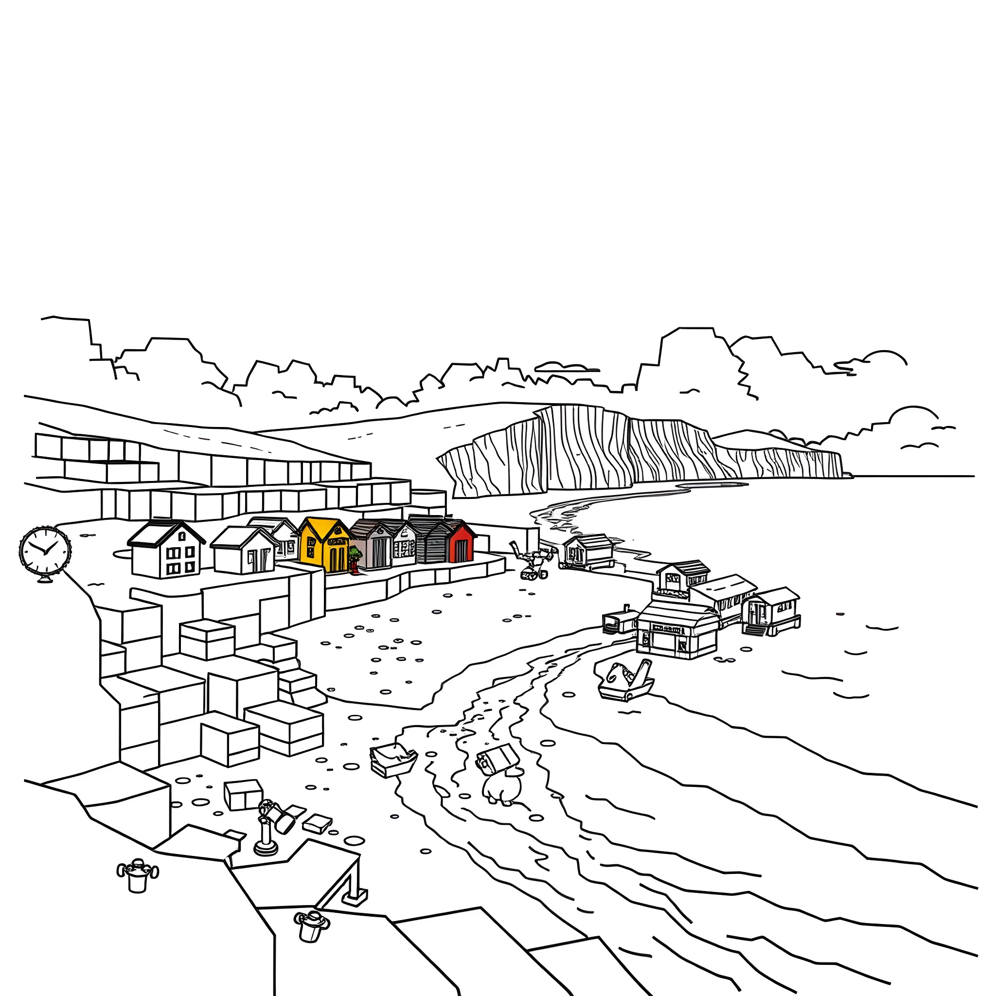 Minecraft coastal town with boats and vehicles Coloring Page (free black-and-white line drawing printable PDF for all, from beginners to advanced learners, including children, teens, adults, and seniors)