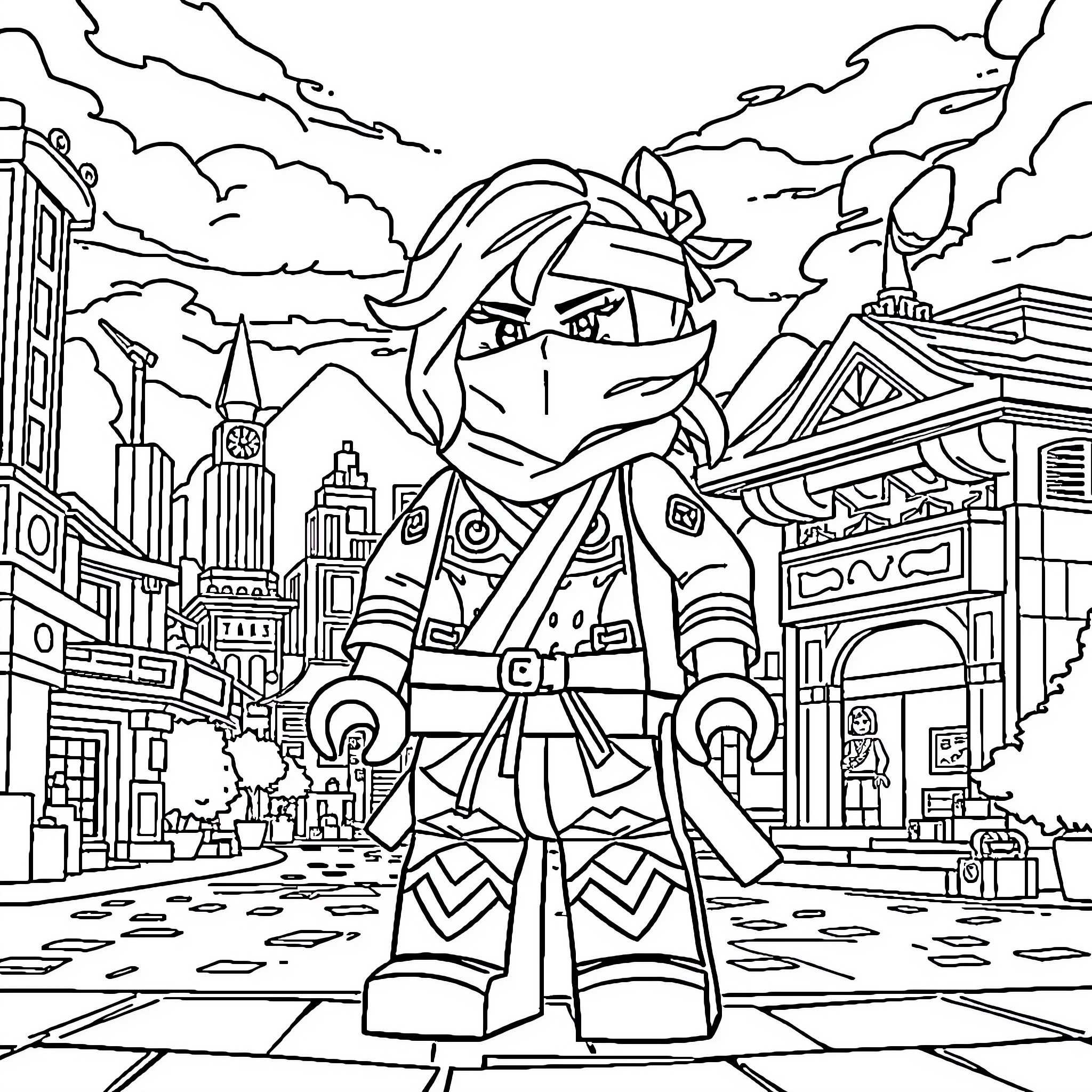 Harumi, the Ninja Warrior in the City Coloring Page (free black-and-white line drawing printable PDF for all, from beginners to advanced learners, including children, teens, adults, and seniors)