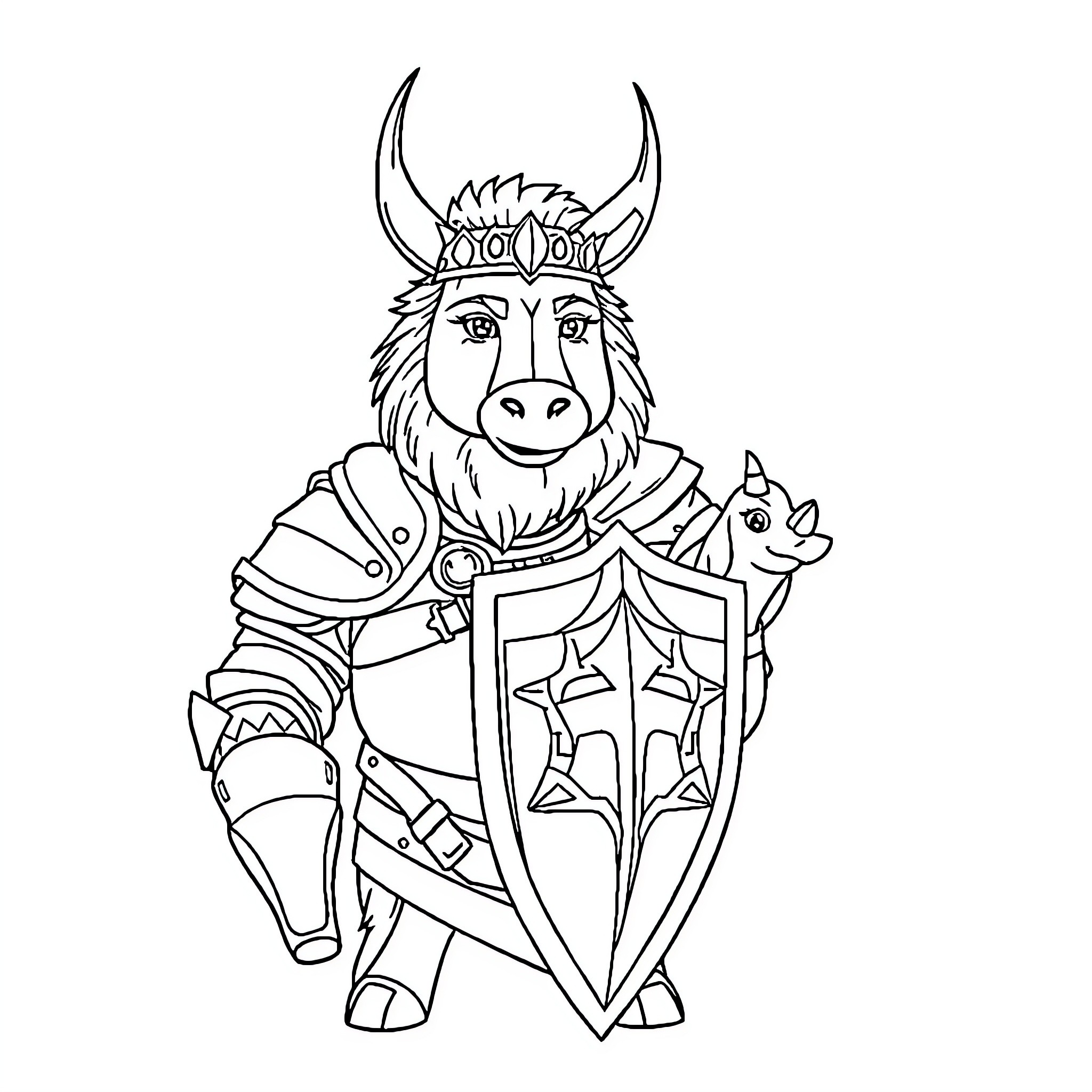 Bear warrior with shield and pet Coloring Page (free black-and-white line drawing printable PDF for all, from beginners to advanced learners, including children, teens, adults, and seniors)