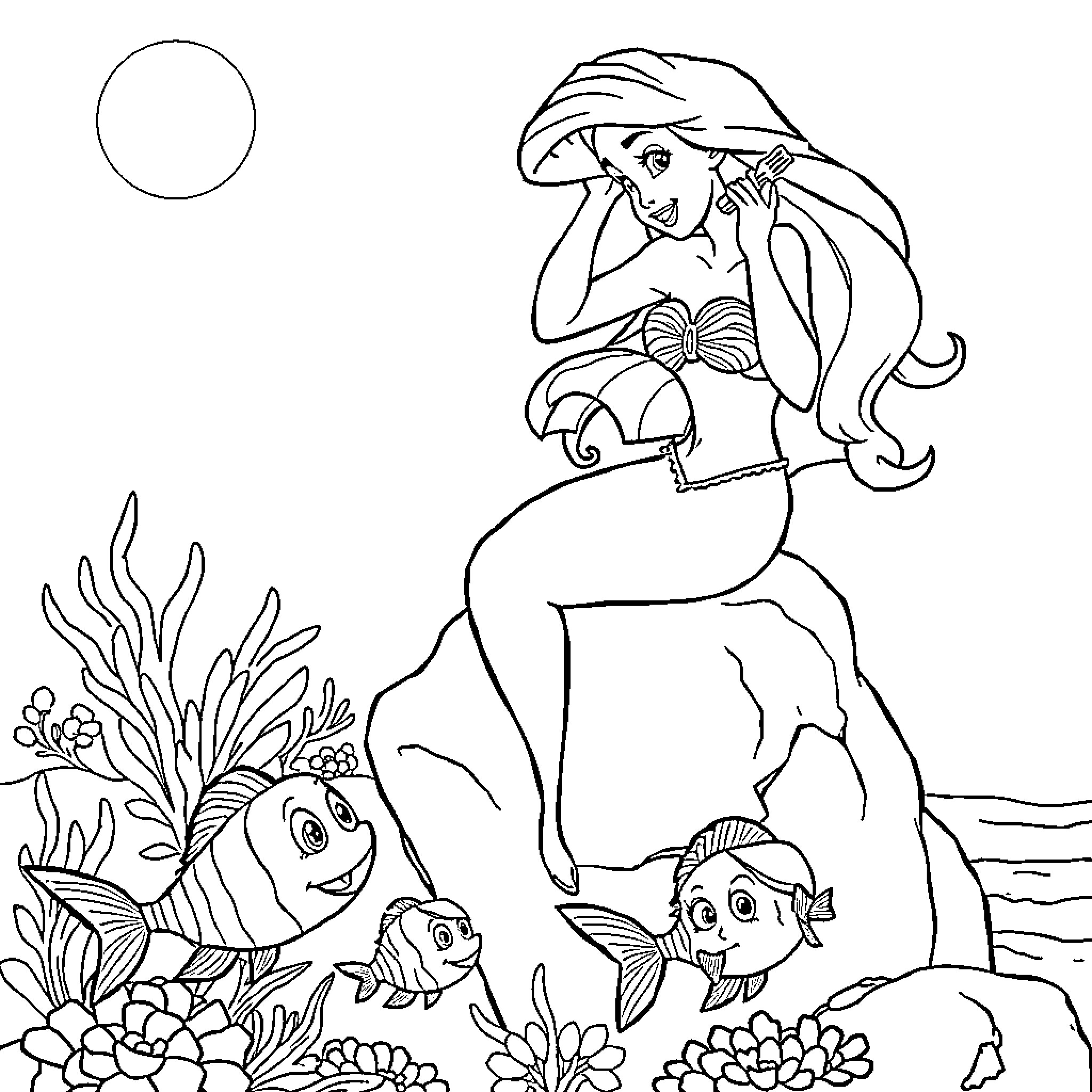 Ariel sitting among marine life and flora Coloring Page (free black-and-white line drawing printable PDF for all, from beginners to advanced learners, including children, teens, adults, and seniors)