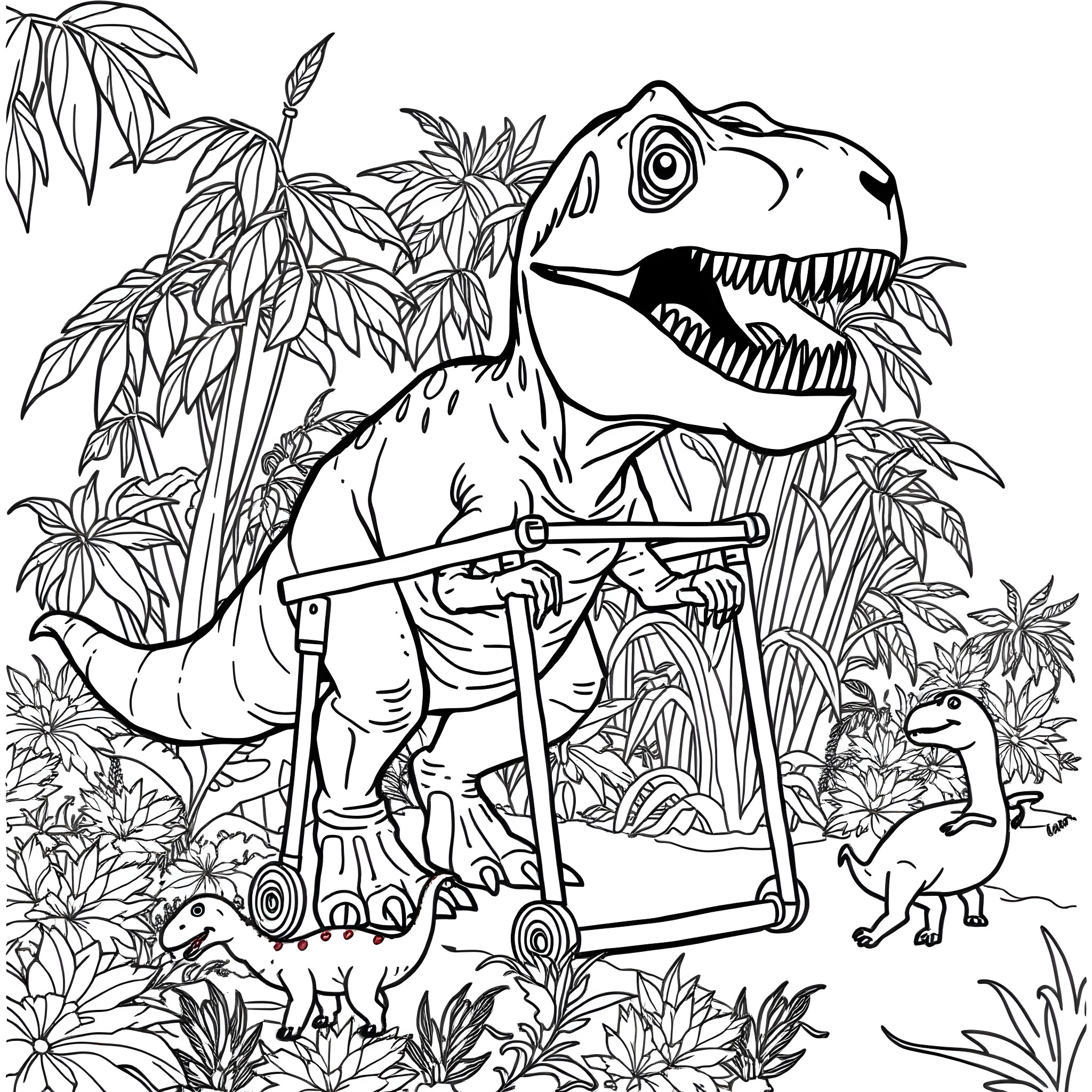T-Rex and Dinosaur Toys Exploring Jungle Wilderness Coloring Page (free black-and-white line drawing printable PDF for all, from beginners to advanced learners, including children, teens, adults, and seniors)