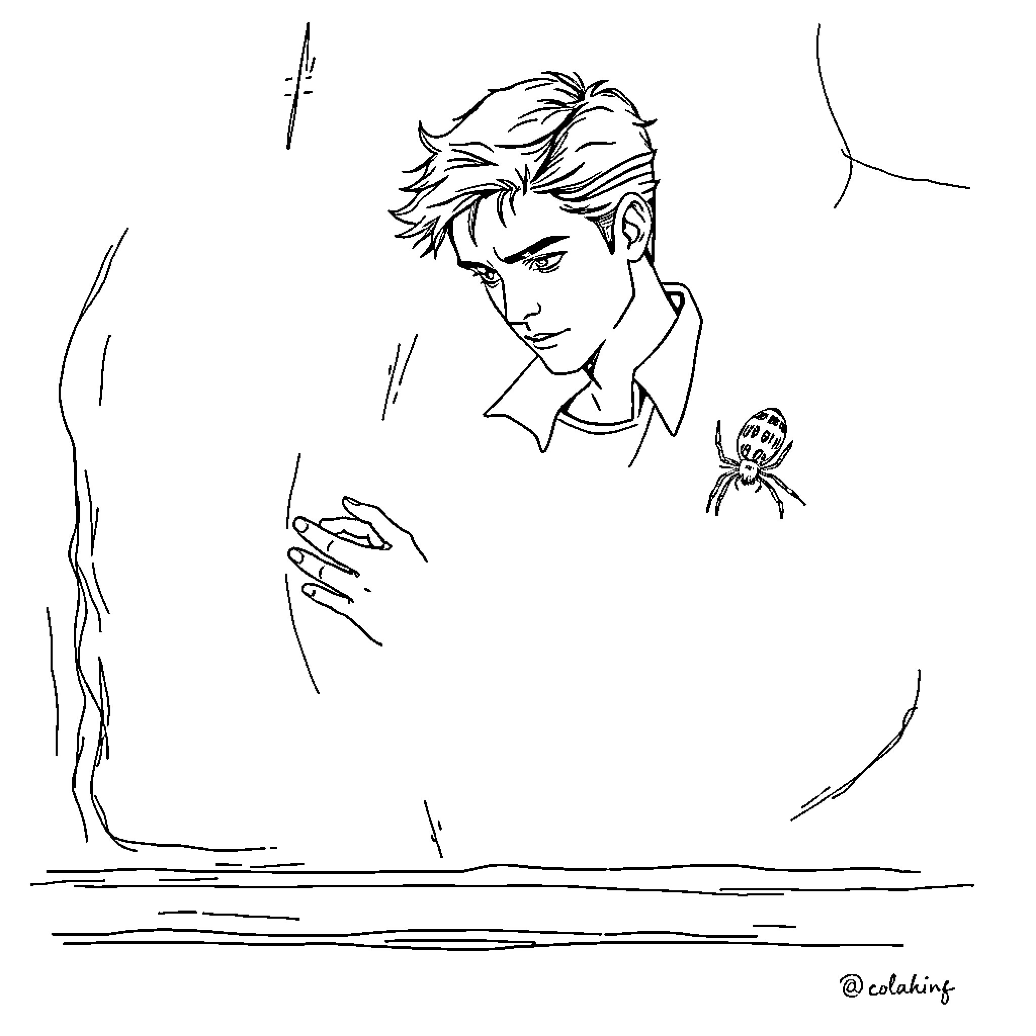 Edward confronting a spider in the wilderness Coloring Page (free black-and-white line drawing printable PDF for all, from beginners to advanced learners, including children, teens, adults, and seniors)