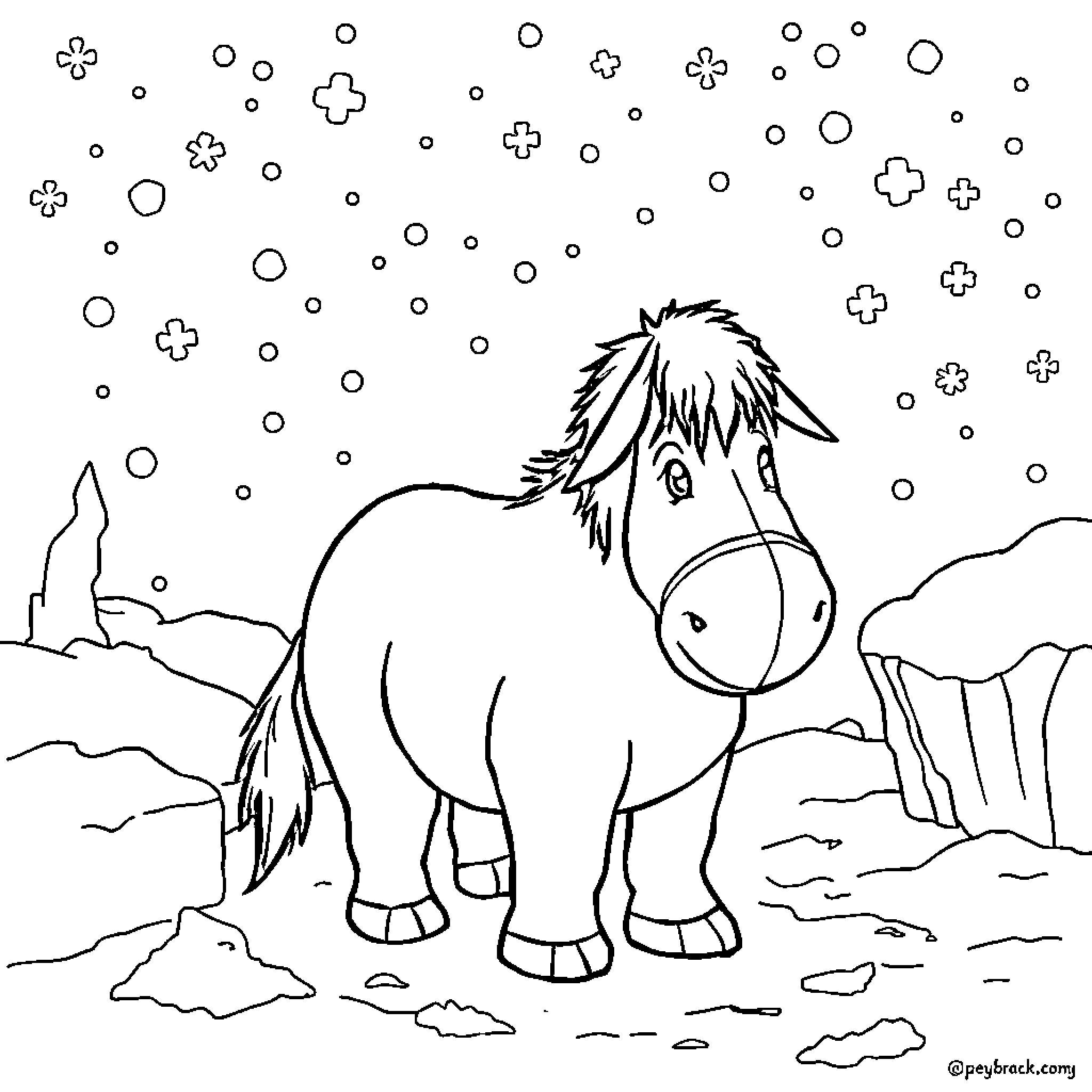 Eeyore enjoying the snowy landscape Coloring Page (free black-and-white line drawing printable PDF for all, from beginners to advanced learners, including children, teens, adults, and seniors)
