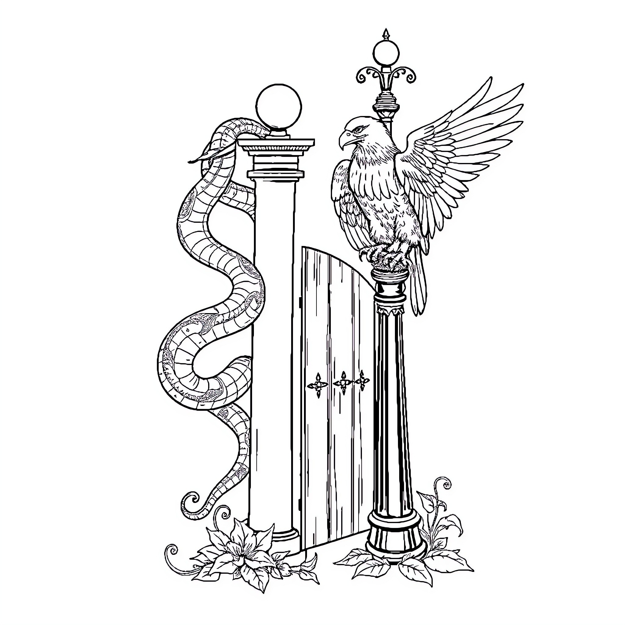 Serpent and majestic eagle guarding ornate column Coloring Page (free black-and-white line drawing printable PDF for all, from beginners to advanced learners, including children, teens, adults, and seniors)