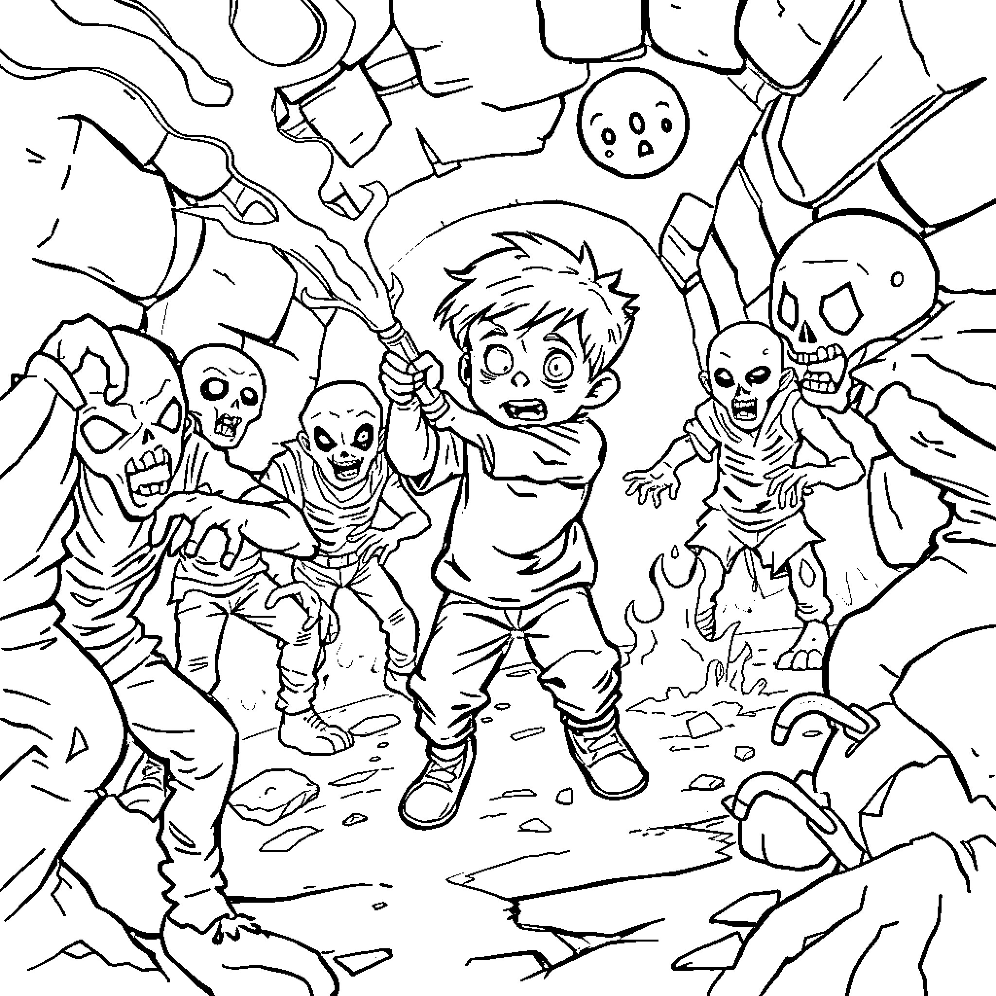 Boy facing off against a horde of spooky creatures Coloring Page (free black-and-white line drawing printable PDF for all, from beginners to advanced learners, including children, teens, adults, and seniors)