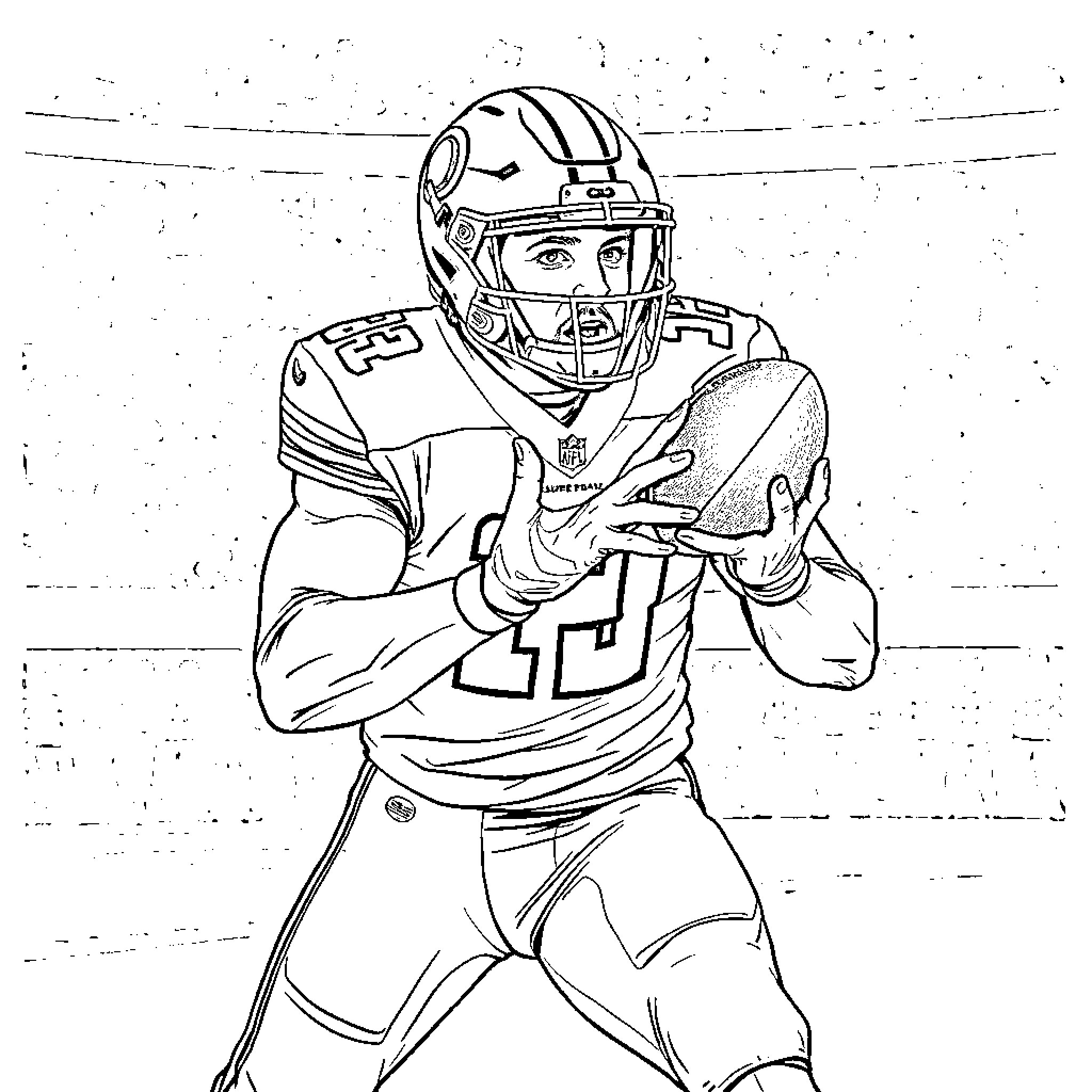 Travis Kelce playing football on the field Coloring Page (free black-and-white line drawing printable PDF for all, from beginners to advanced learners, including children, teens, adults, and seniors)