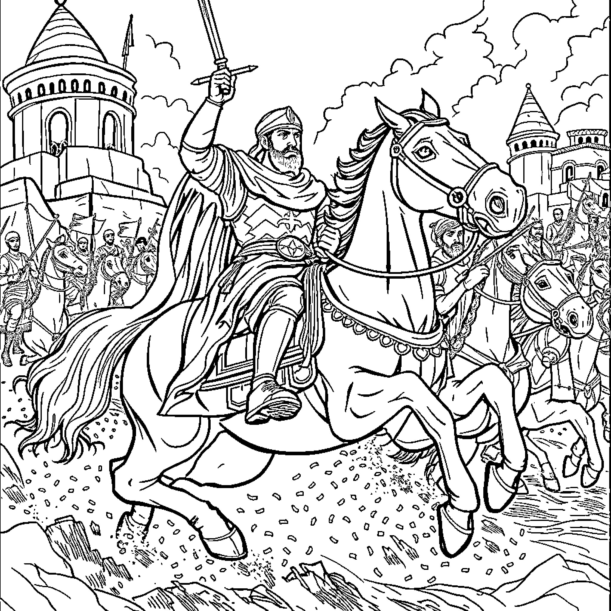 Saladin leading his army in a grand battle Coloring Page (free black-and-white line drawing printable PDF for all, from beginners to advanced learners, including children, teens, adults, and seniors)