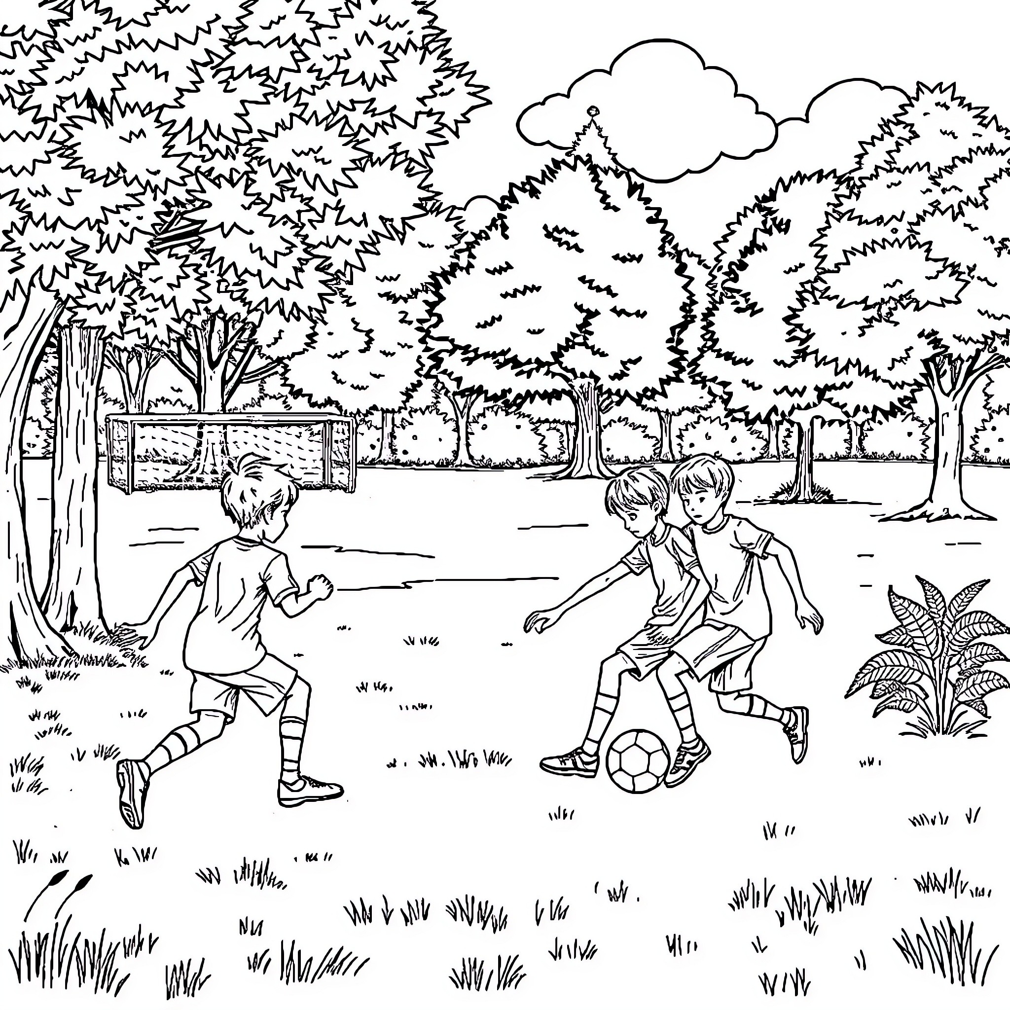 Boy playing soccer with friends in park Coloring Page (free black-and-white line drawing printable PDF for all, from beginners to advanced learners, including children, teens, adults, and seniors)