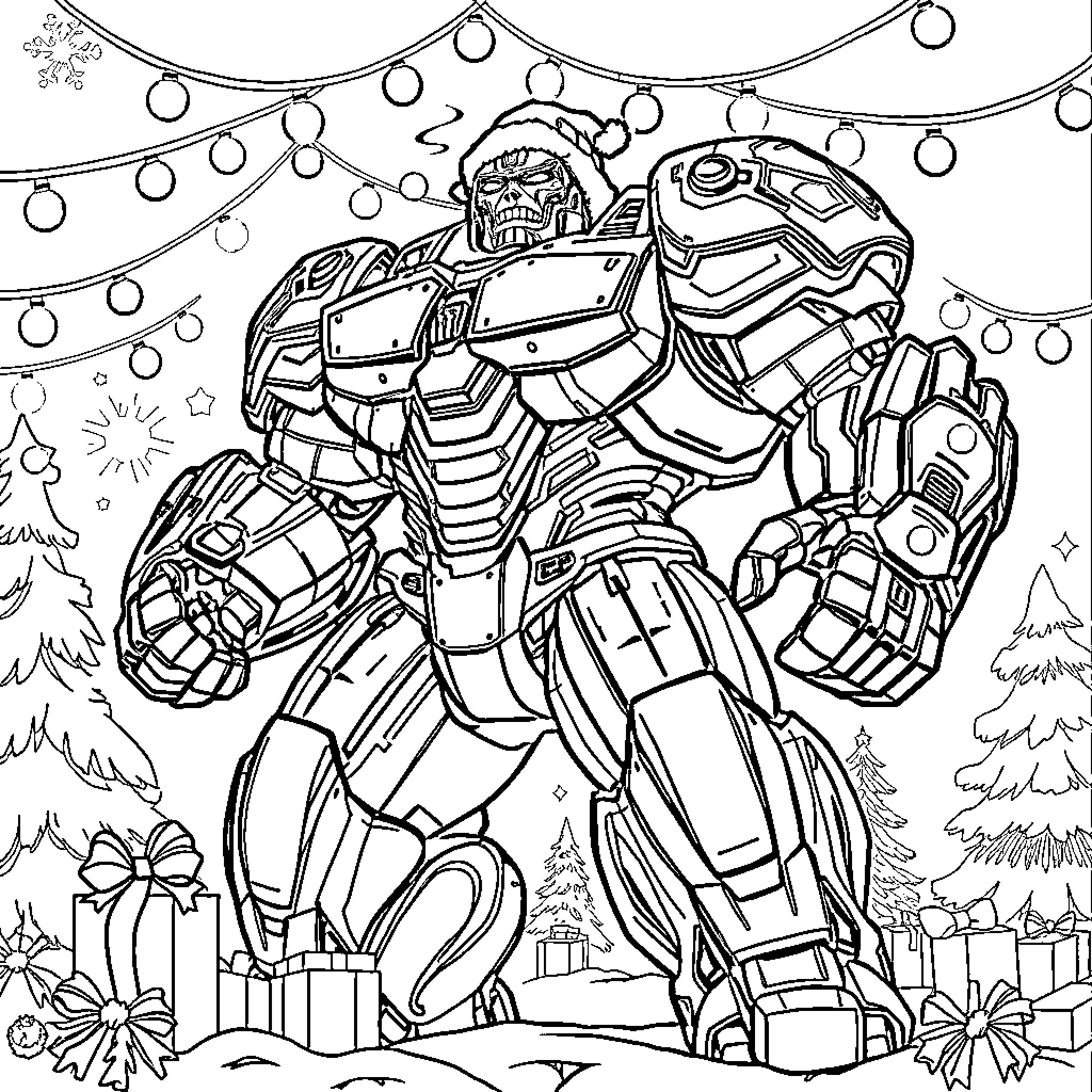 Hulk Buster Armored Warrior Battles Enemies in Winter Wonderland Coloring Page (free black-and-white line drawing printable PDF for all, from beginners to advanced learners, including children, teens, adults, and seniors)
