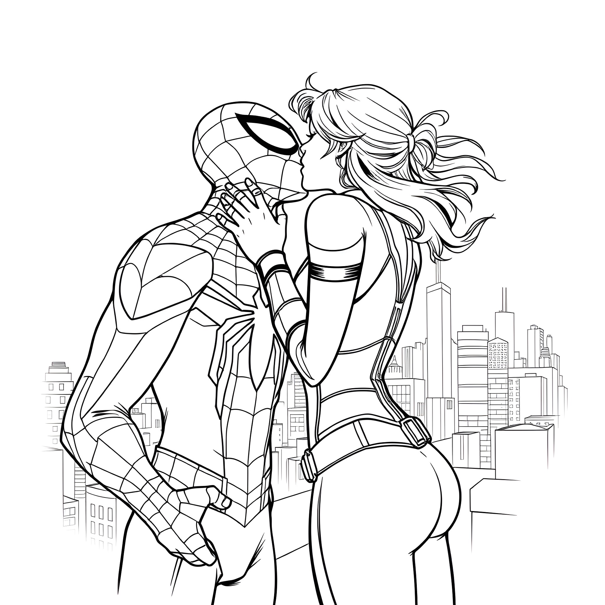 Spiderman embracing heroine in the city Coloring Page (free black-and-white line drawing printable PDF for all, from beginners to advanced learners, including children, teens, adults, and seniors)