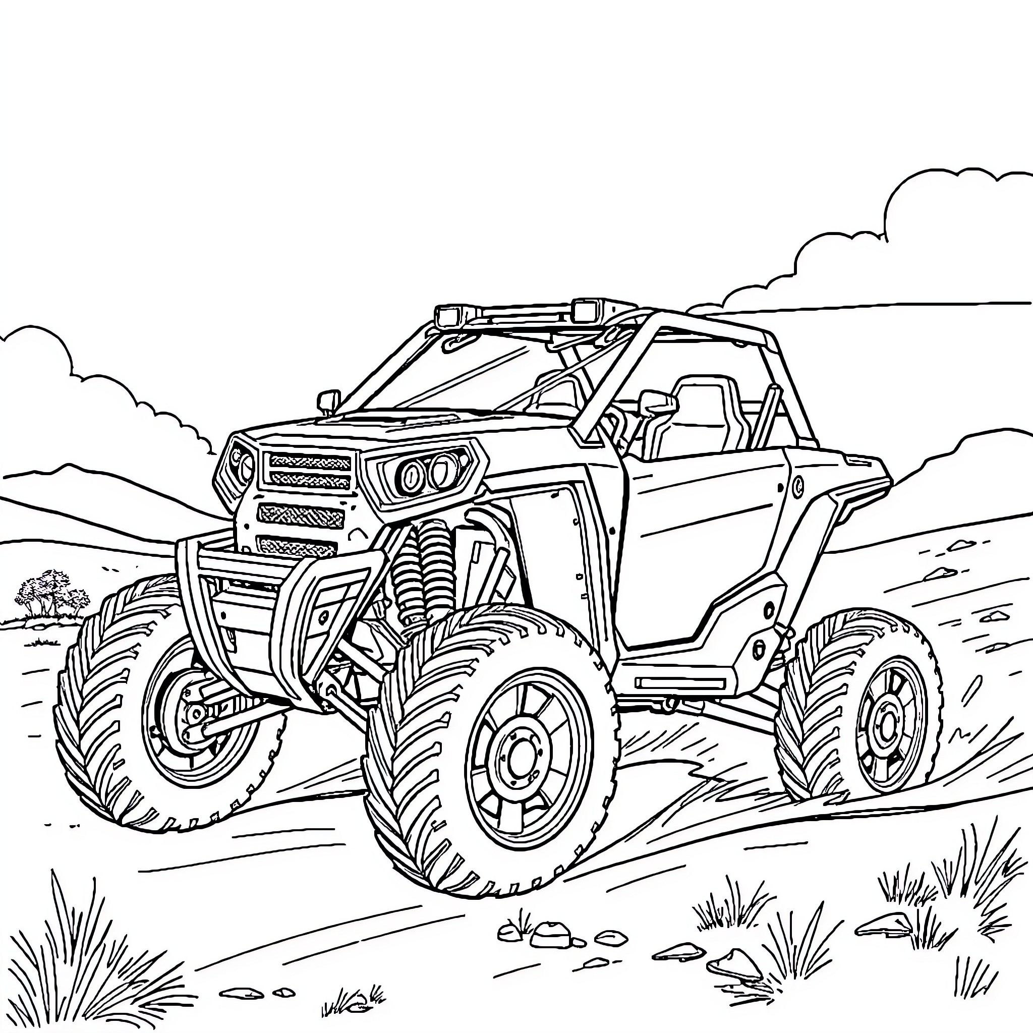 Robot utility vehicle traversing rugged terrain Coloring Page (free black-and-white line drawing printable PDF for all, from beginners to advanced learners, including children, teens, adults, and seniors)