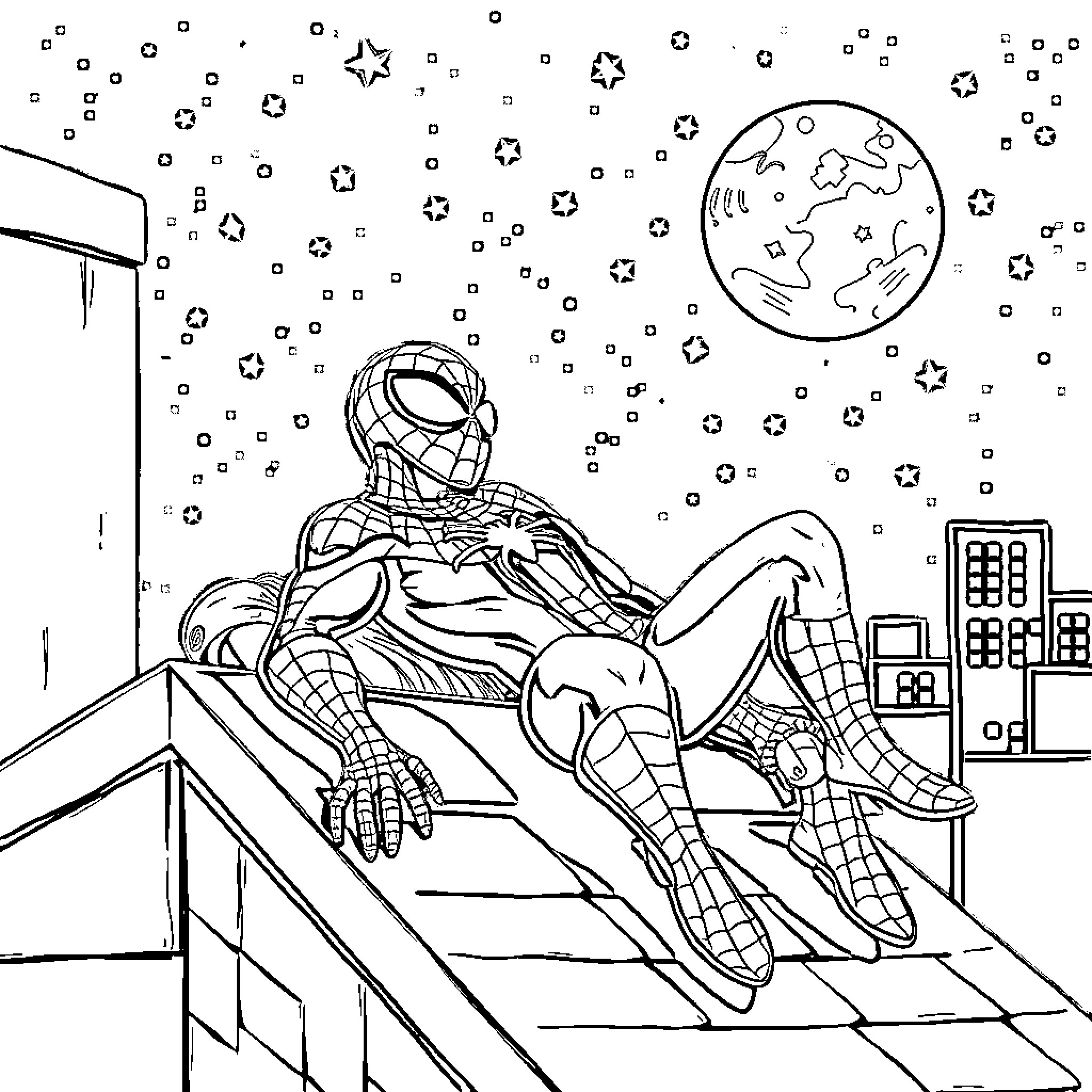 Spiderman in action on the city rooftops Coloring Page (free black-and-white line drawing printable PDF for all, from beginners to advanced learners, including children, teens, adults, and seniors)