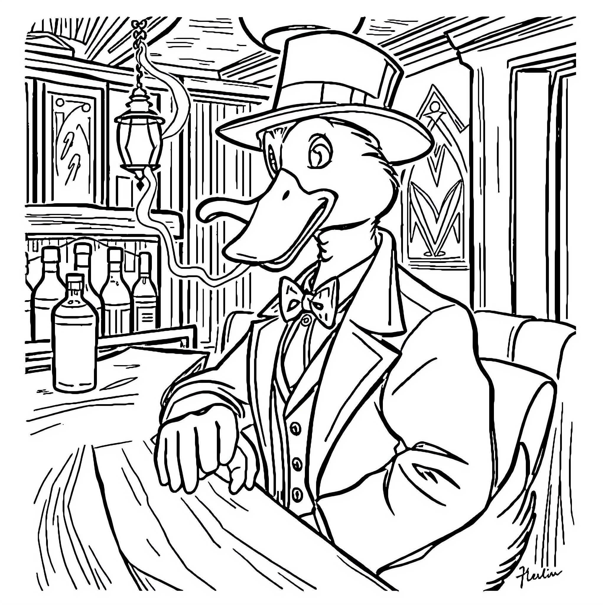 Duck detective investigating a case at the bar Coloring Page (free black-and-white line drawing printable PDF for all, from beginners to advanced learners, including children, teens, adults, and seniors)