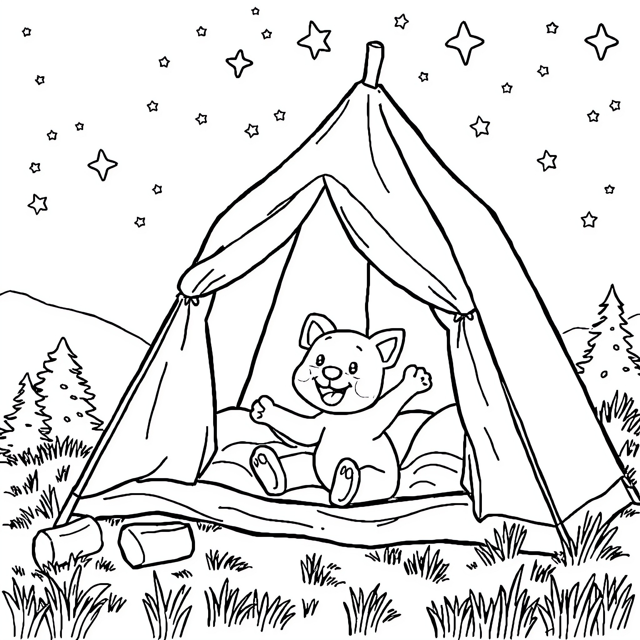 Bluey camping under the starry night sky Coloring Page (free black-and-white line drawing printable PDF for all, from beginners to advanced learners, including children, teens, adults, and seniors)