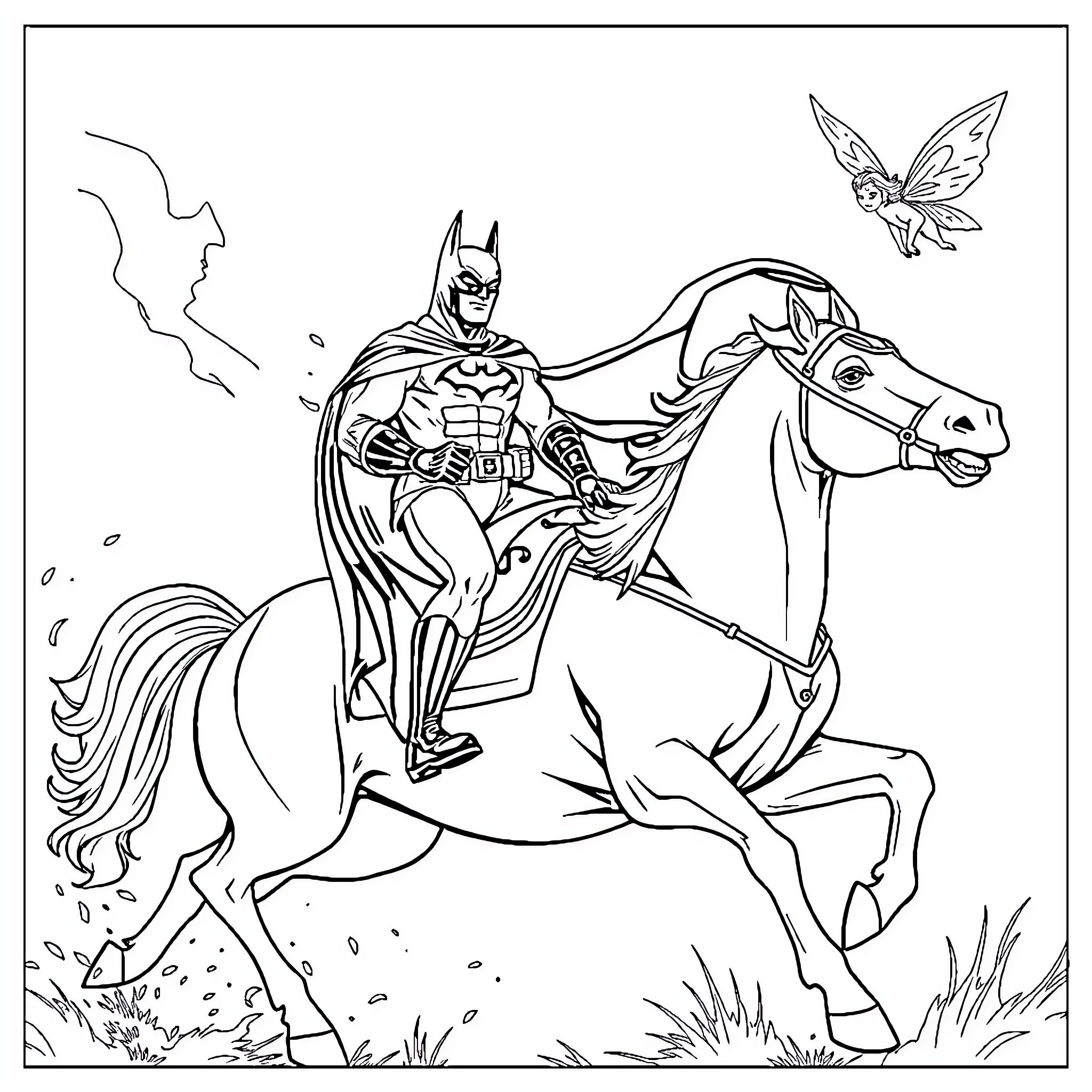 Batman riding a horse in action with a butterfly Coloring Page (free black-and-white line drawing printable PDF for all, from beginners to advanced learners, including children, teens, adults, and seniors)