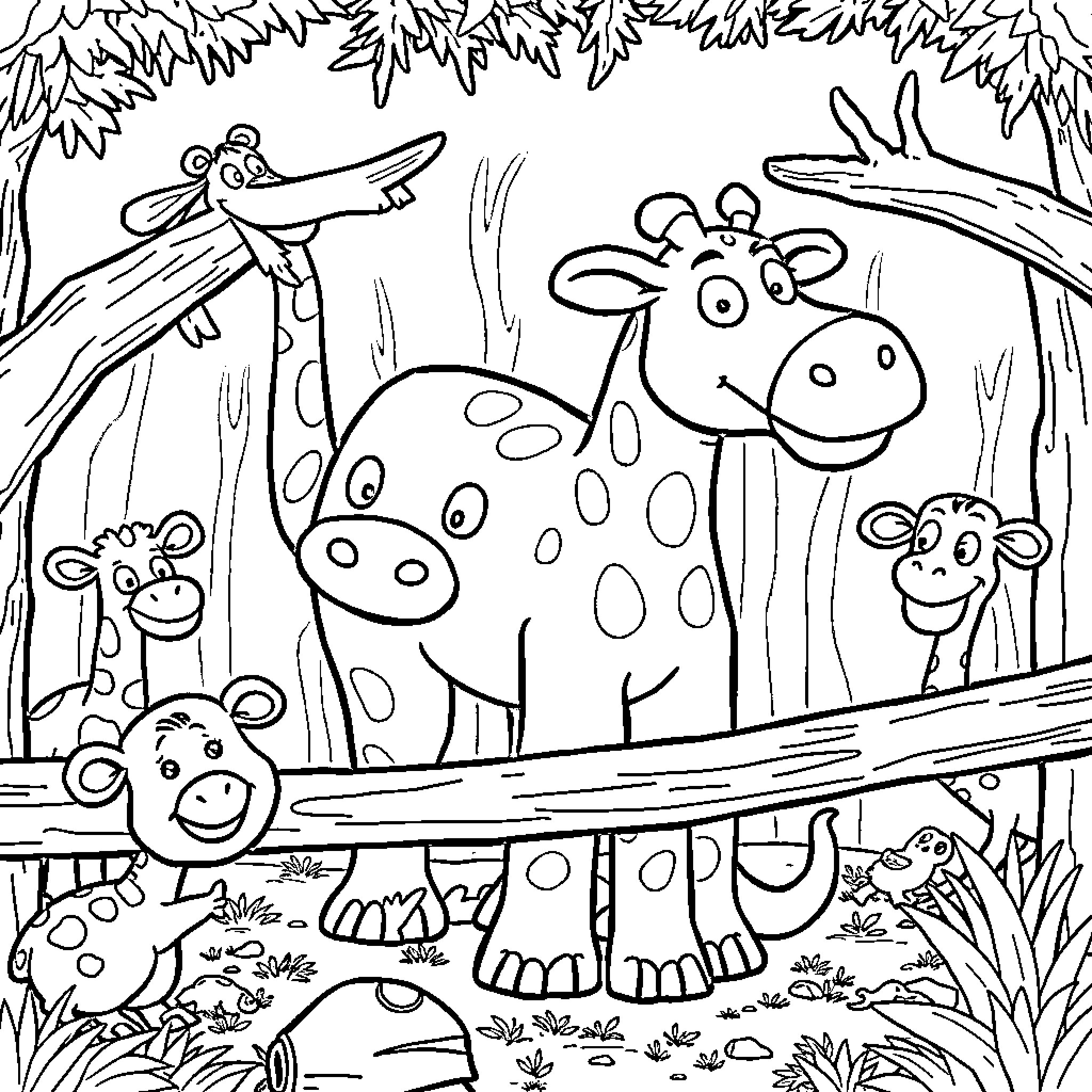 Zoo Animals Exploring the Jungle Habitat Coloring Page (free black-and-white line drawing printable PDF for all, from beginners to advanced learners, including children, teens, adults, and seniors)