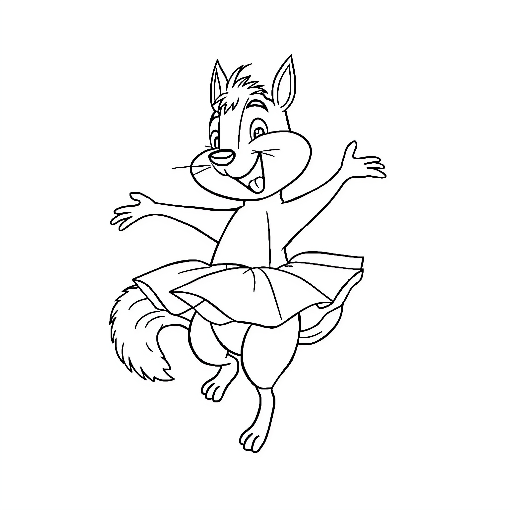 Scrat dancing joyfully in a dress Coloring Page (free black-and-white line drawing printable PDF for all, from beginners to advanced learners, including children, teens, adults, and seniors)