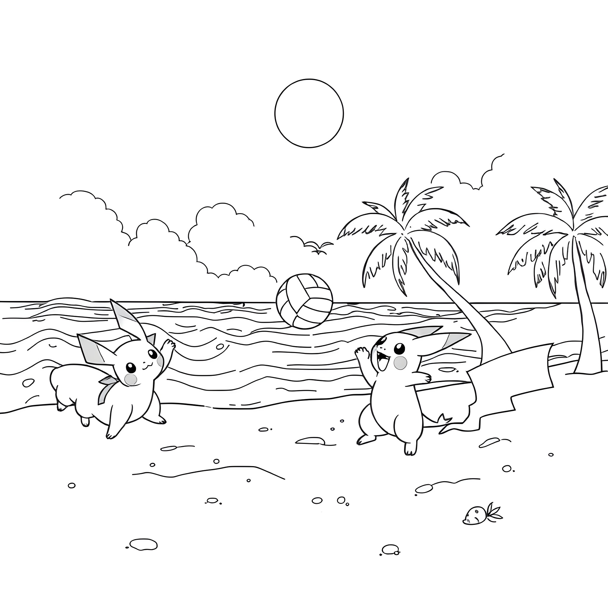 Pokémon enjoying beach activities in the sun Coloring Page (free black-and-white line drawing printable PDF for all, from beginners to advanced learners, including children, teens, adults, and seniors)