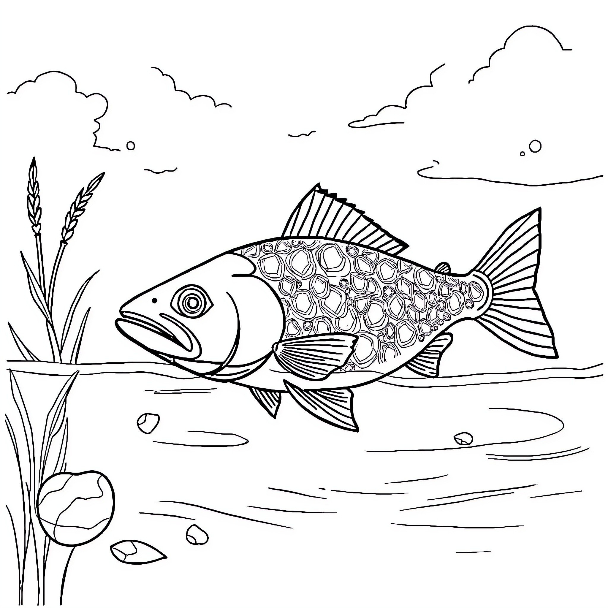 Bear swimming happily in the pond Coloring Page (free black-and-white line drawing printable PDF for all, from beginners to advanced learners, including children, teens, adults, and seniors)