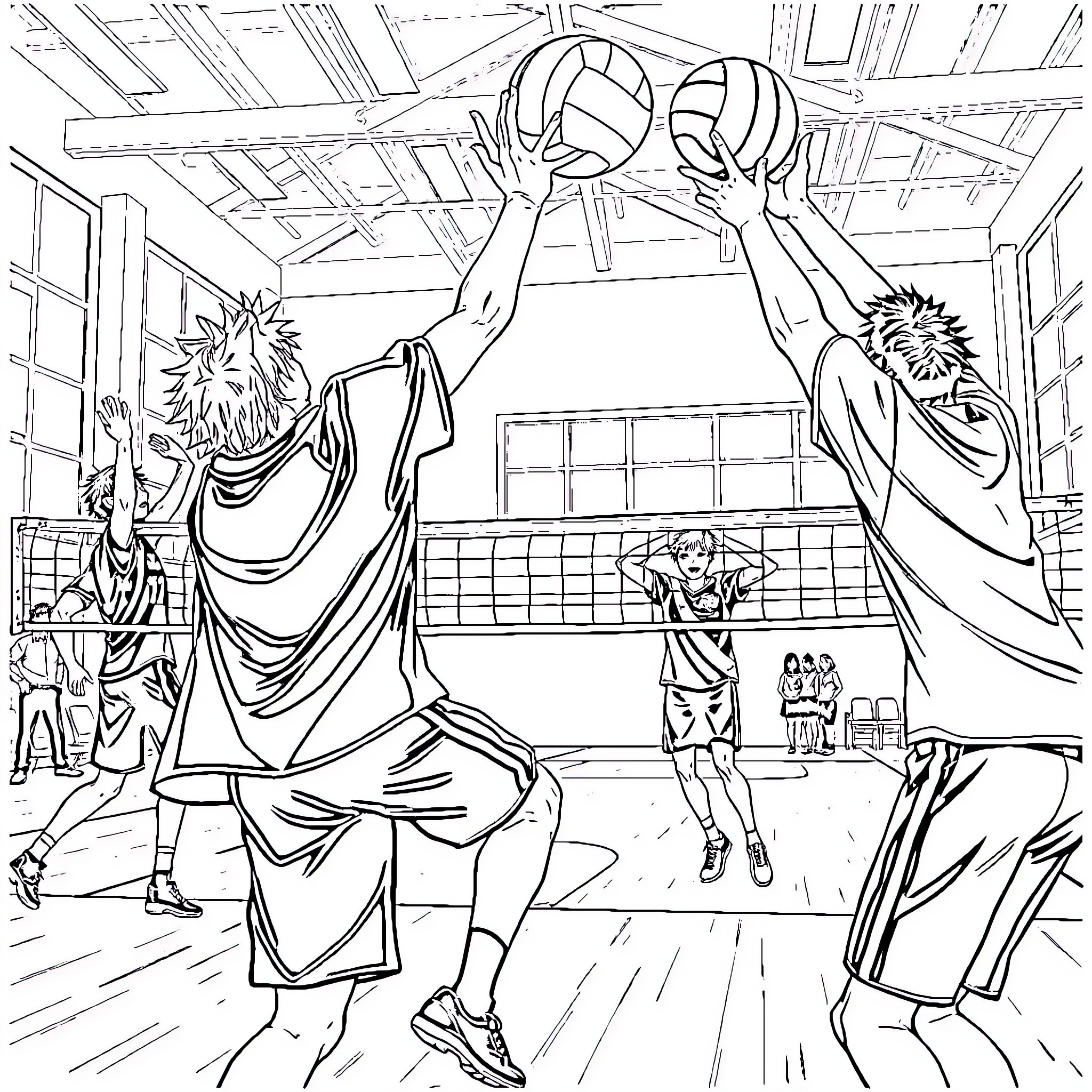 Character Playing Volleyball in a Gymnasium Coloring Page (free black-and-white line drawing printable PDF for all, from beginners to advanced learners, including children, teens, adults, and seniors)