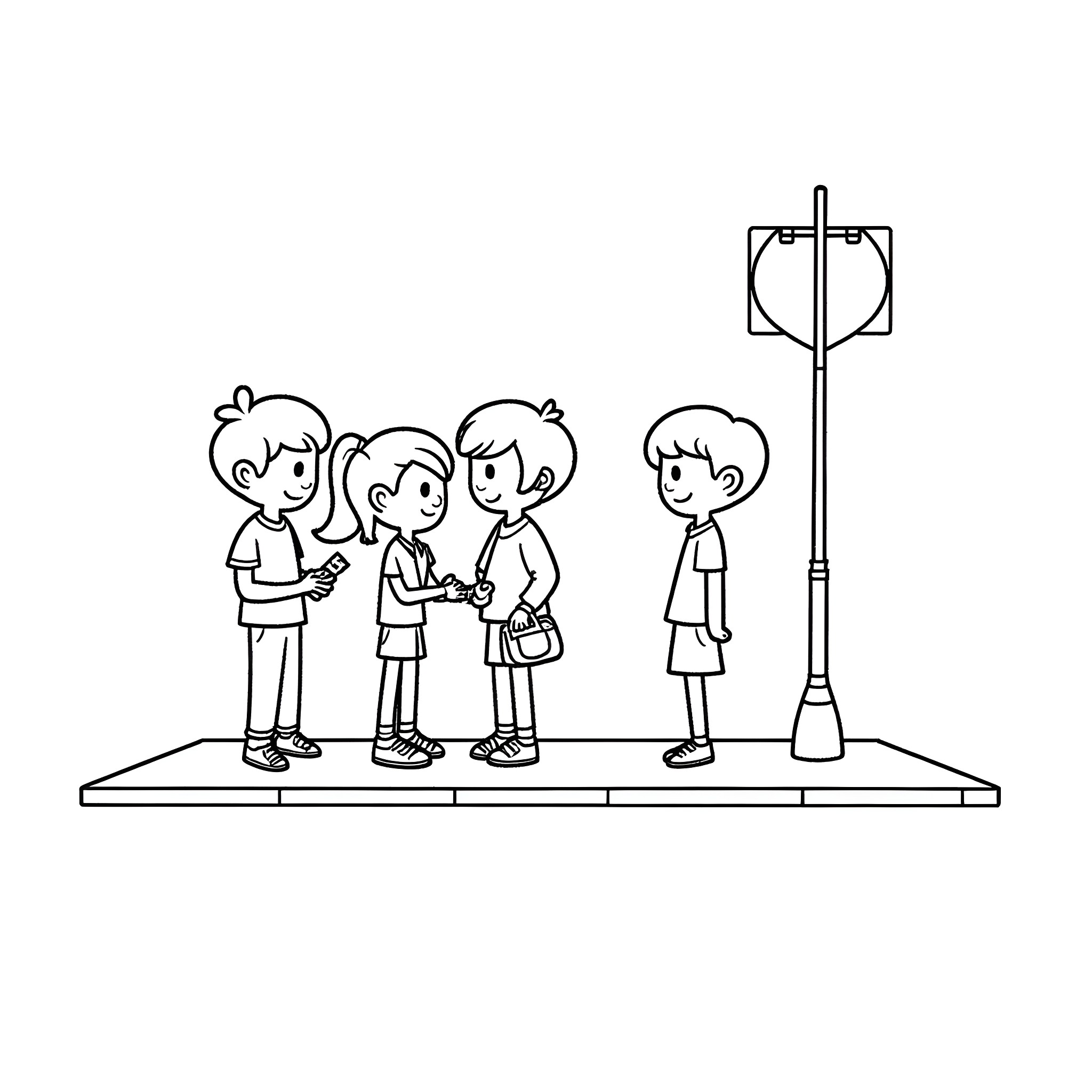 Kid group hanging out together Coloring Page (free black-and-white line drawing printable PDF for all, from beginners to advanced learners, including children, teens, adults, and seniors)