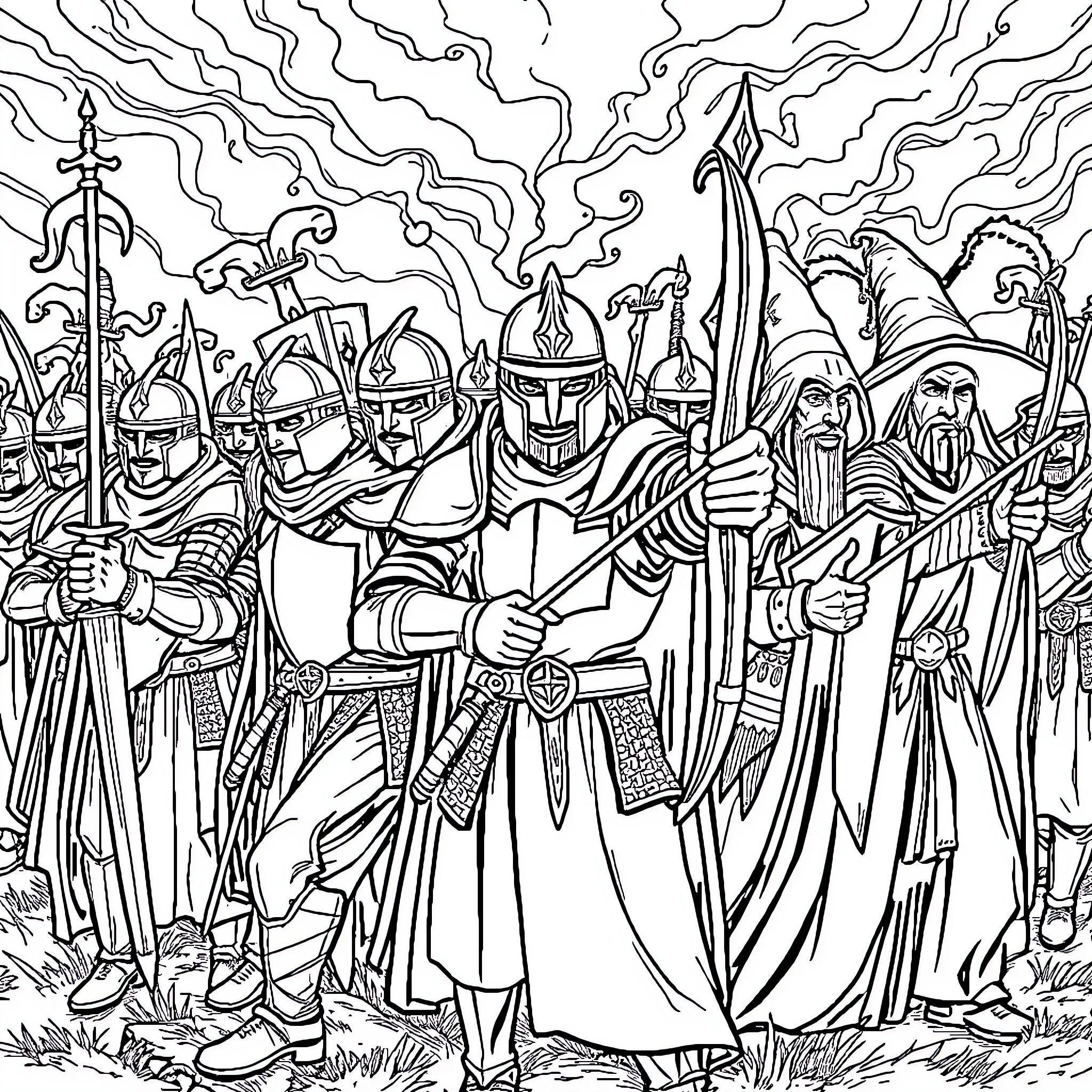 Knight Warriors in Battle Formation Coloring Page (free black-and-white line drawing printable PDF for all, from beginners to advanced learners, including children, teens, adults, and seniors)