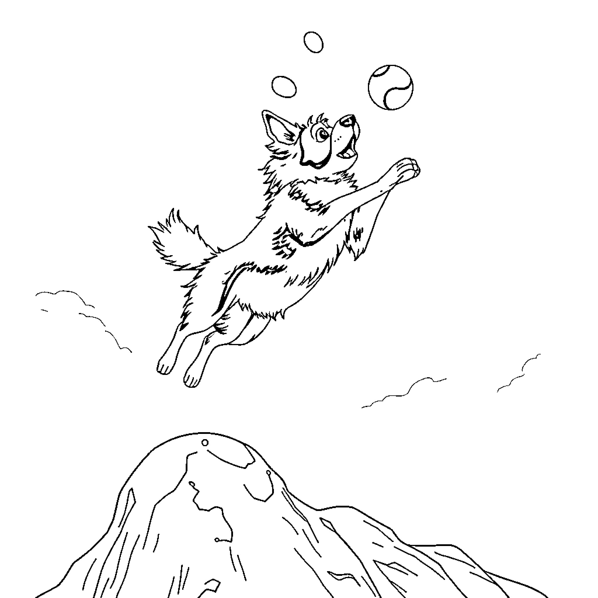 Border Collie joyfully playing with balls in the mountains Coloring Page (free black-and-white line drawing printable PDF for all, from beginners to advanced learners, including children, teens, adults, and seniors)