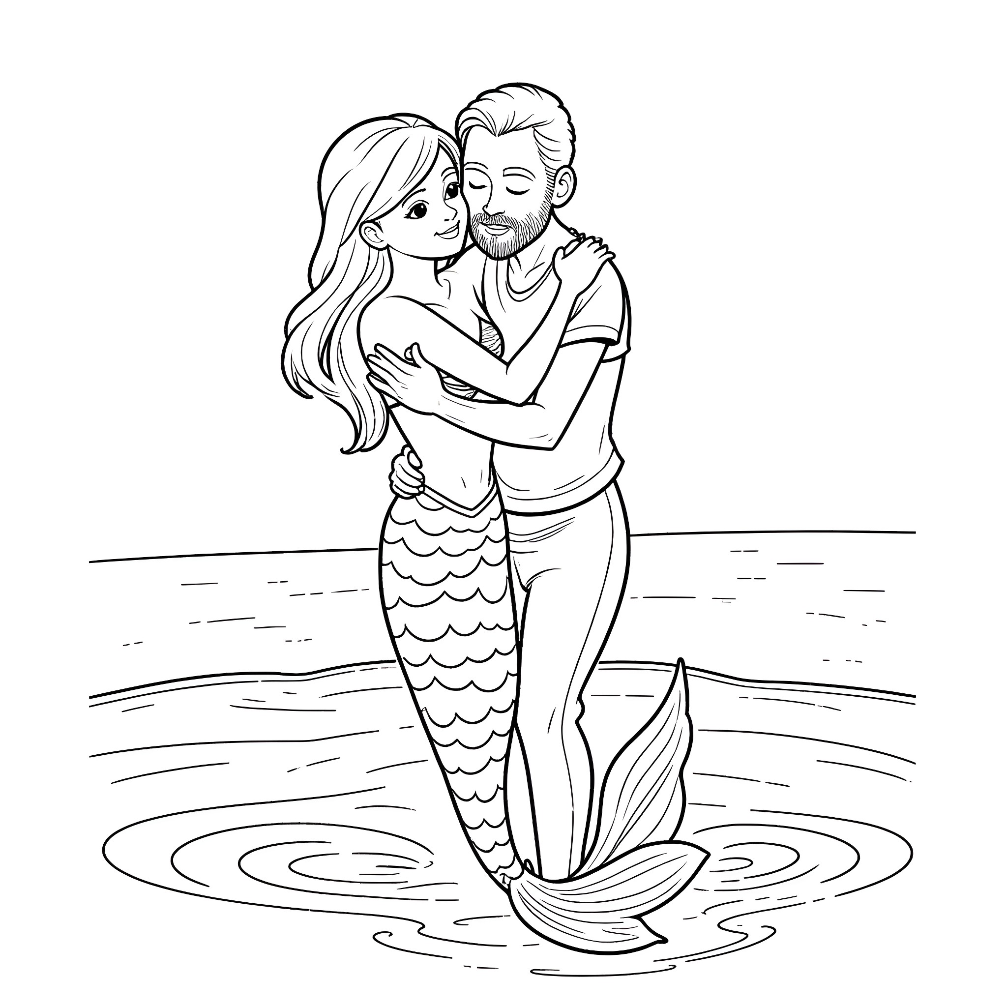 Mermaid and human partner embrace in the water Coloring Page (free black-and-white line drawing printable PDF for all, from beginners to advanced learners, including children, teens, adults, and seniors)
