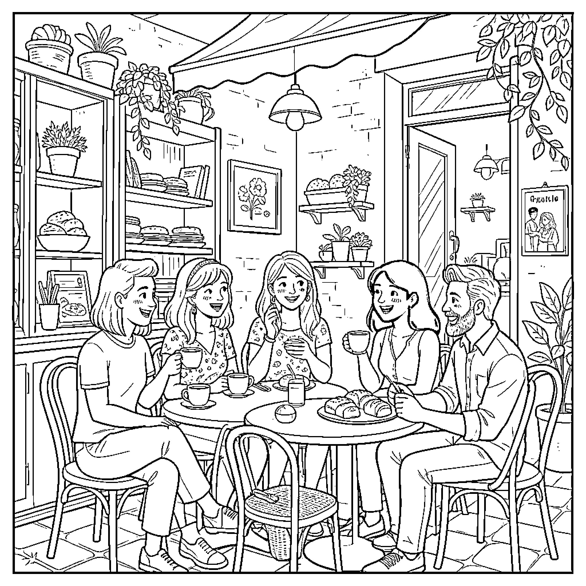 Bout group of friends chatting around a cafe table Coloring Page (free black-and-white line drawing printable PDF for all, from beginners to advanced learners, including children, teens, adults, and seniors)