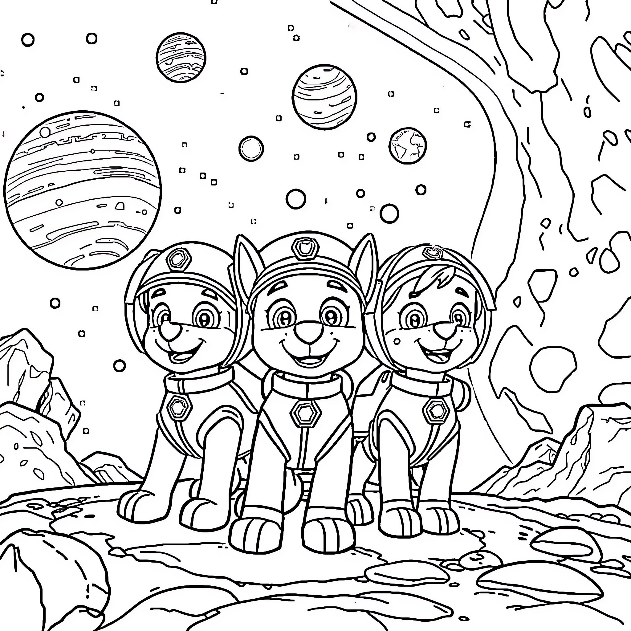 Paw Patrol Exploring the Alien Planet Coloring Page (free black-and-white line drawing printable PDF for all, from beginners to advanced learners, including children, teens, adults, and seniors)